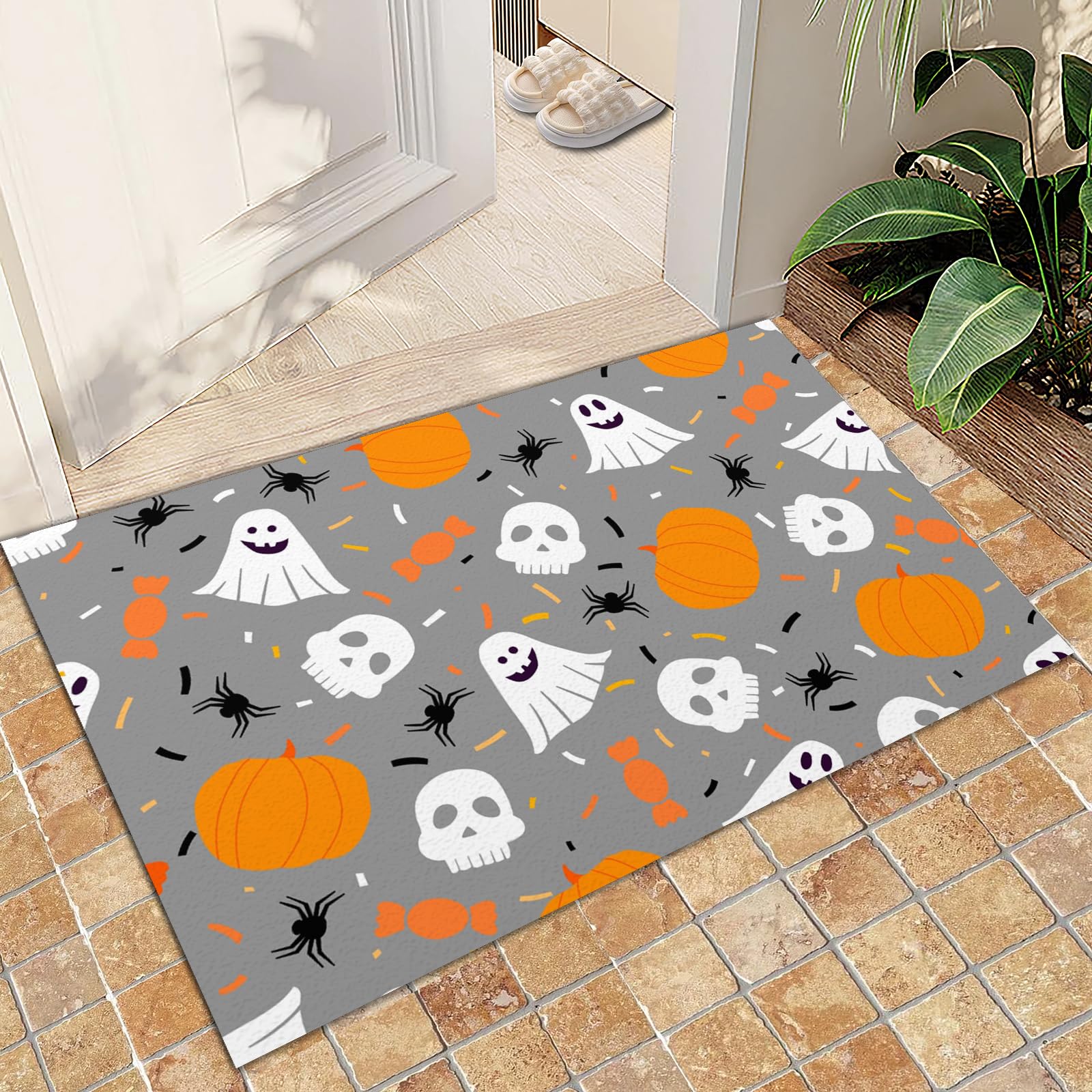 Area Rug 70x120cm Grey Fun Halloween Bath Mat, Ghost Spider Pumpkin Kitchen Halloween Rug, Halloween Carpet Machine Washable Foldable Easy Cleaning Low Pile Non Slip for Entryway Living Room Sofas