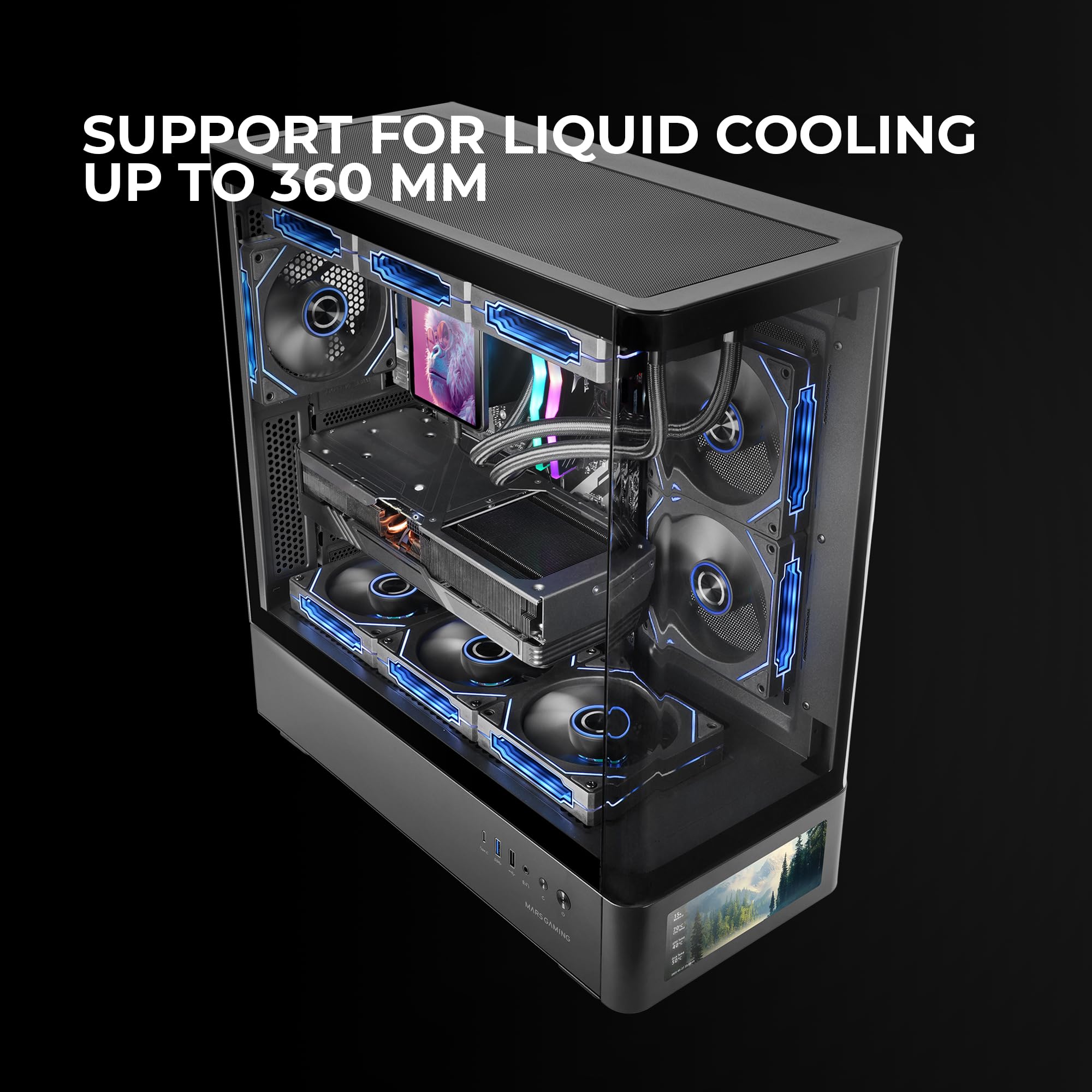 Mars Gaming MC-LCDPRO, Obudowa Gamingowa ATX, Personalizowany Ekran LCD IPS 7.2", Zakrzywione Hartowane Szkło Przód i Bok, Konstrukcja Dwukomorowa, Obsługa Chłodzenia Wodnego do 360mm, Czarny