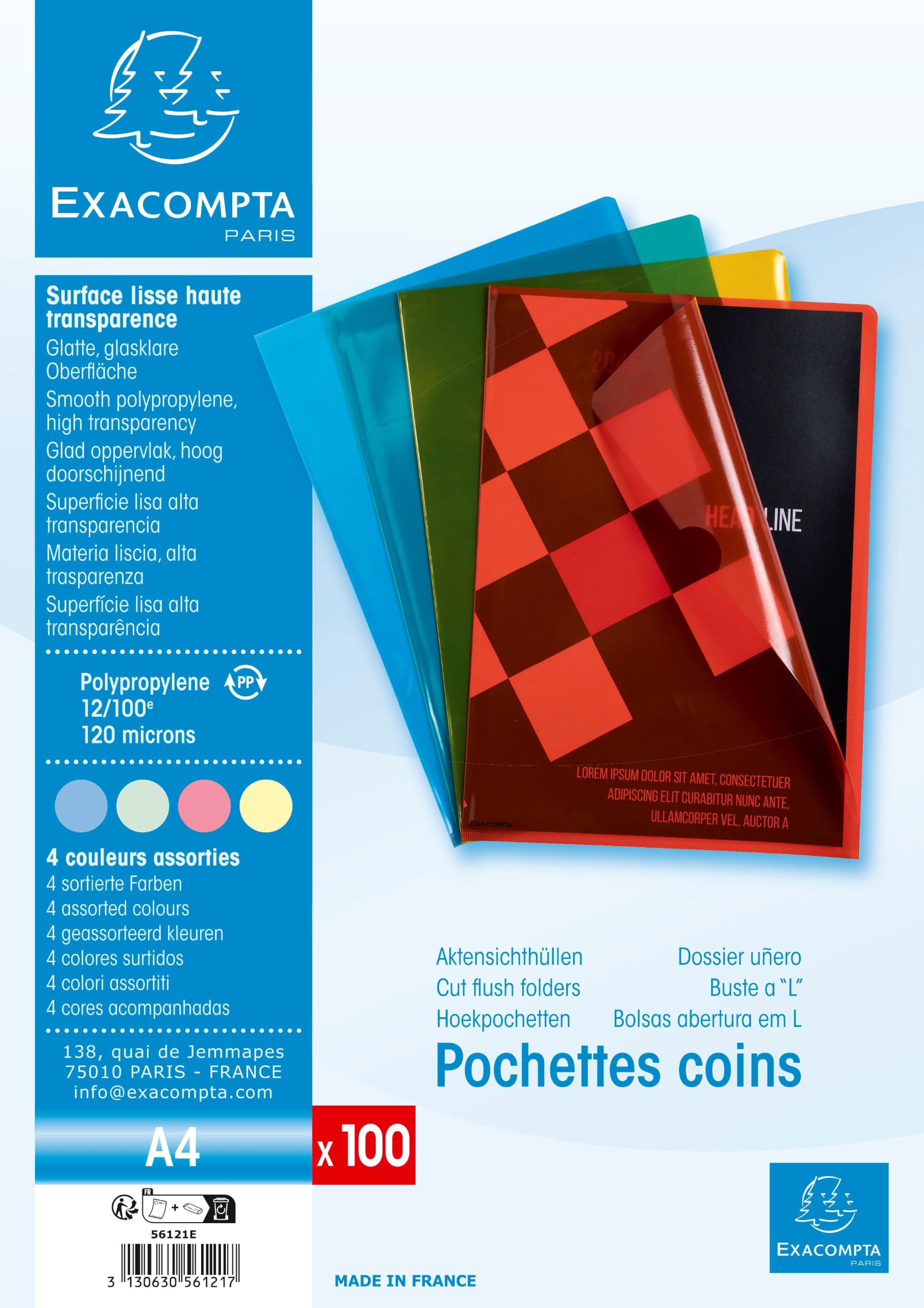 Exacompta - Rif. 56121E - Cartoncino con 1000 tasche angolari in PP liscio di alta qualità, dimensioni 22 x 31 cm, formato A4-4 colori assortiti blu, giallo, rosso, verde