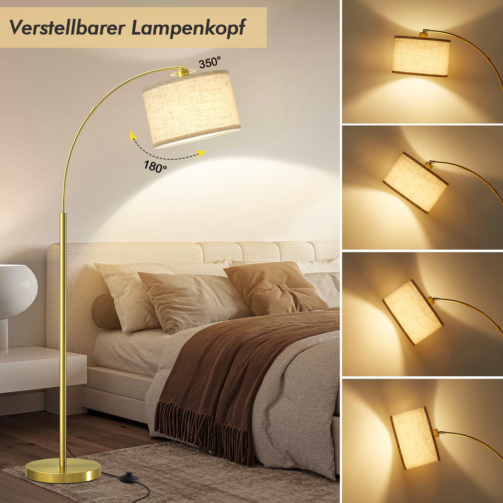 GyroVu Wohnzimmer Stehlampe, 161cm Bogenlampe mit Verstellbarem Lampenkopf & Fußschalter, Moderne Stehlampe mit 3 Farbtemperaturen, Standleuchte für Wohnzimmer Schlafzimmer und Büro Stehleuchte