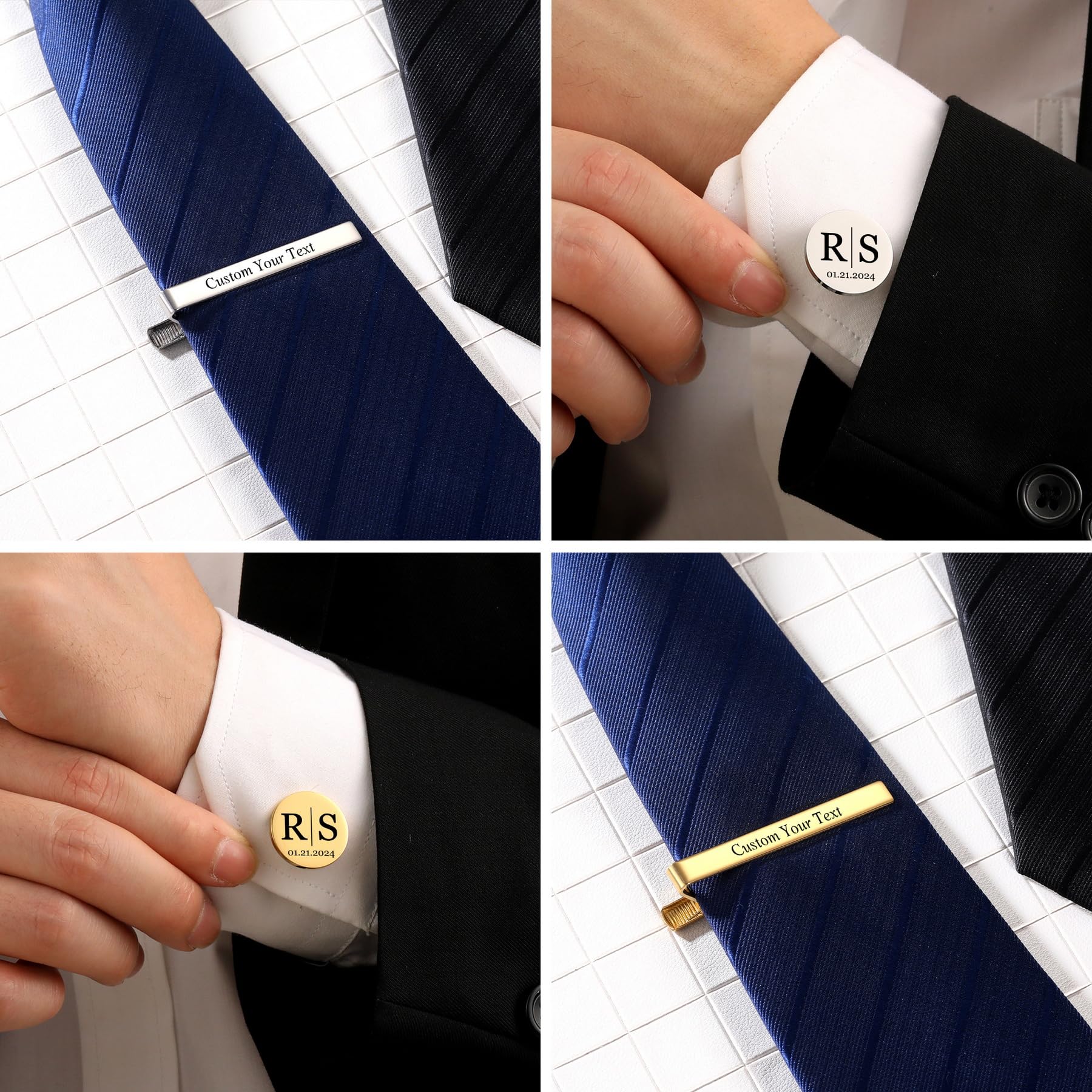 MeMeDIY Gemelli e Fermacravatta Personalizzati con Scatola di Legno Incisa con Nome Testo Iniziale Data Gemelli da Matrimonio per Polsini Camicia Regalo per Uomo/Sposo/Papà