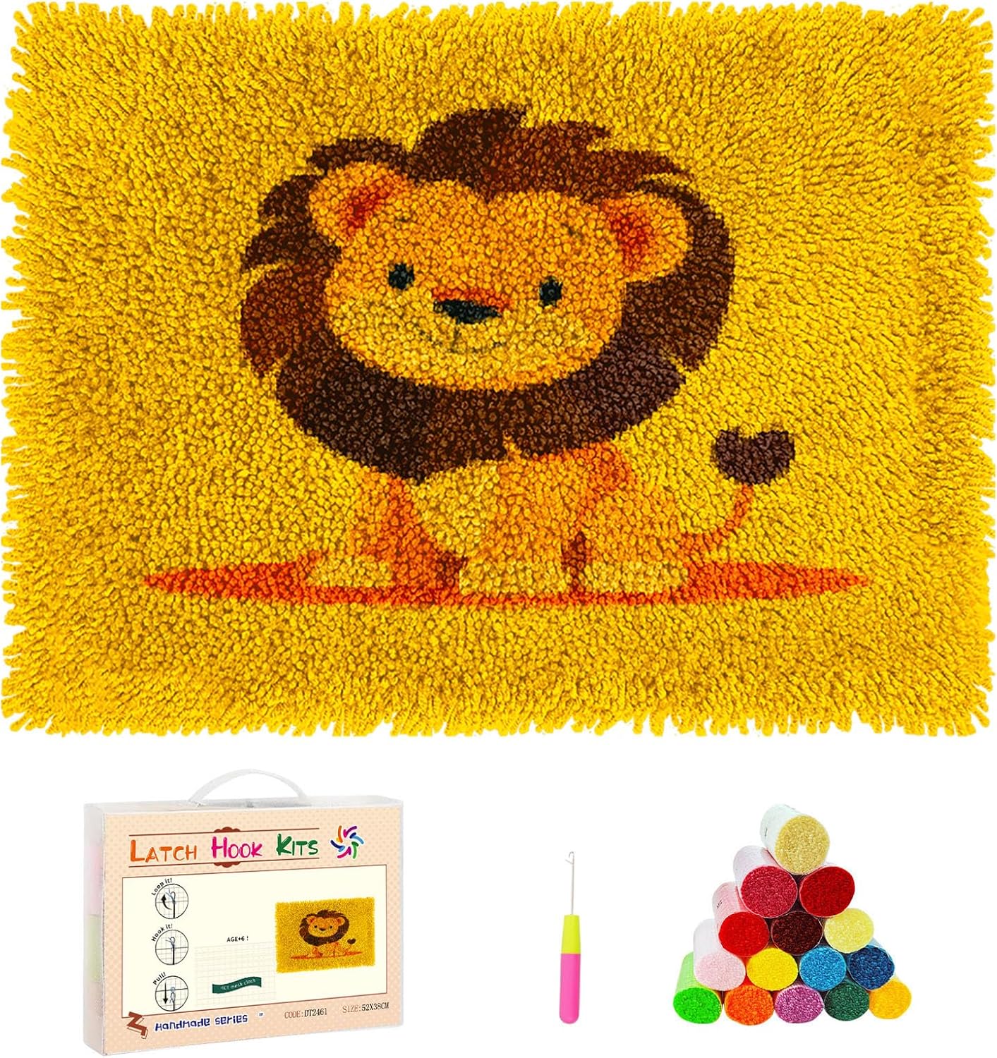 DIY Latch Hook Rug Kits Cartoon Lion Stamped Non-Slip Mat Crochet Yarn Hook and Latch Emboridery Tapestry for Home Floor Decoration Pet Warm Cushion 52x38cm(27)