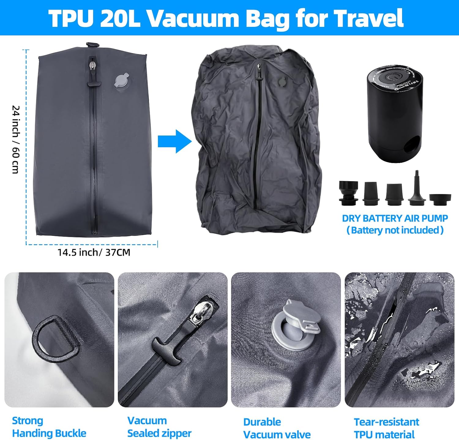 KINGSLONG Vacuum Backpack Travel Compression Pump: 19 inch Carry on Vacpack Daypack Back Pack System Expandable for Travel Business Camping Laptop With Electric Air Pump Water Resistant Black
