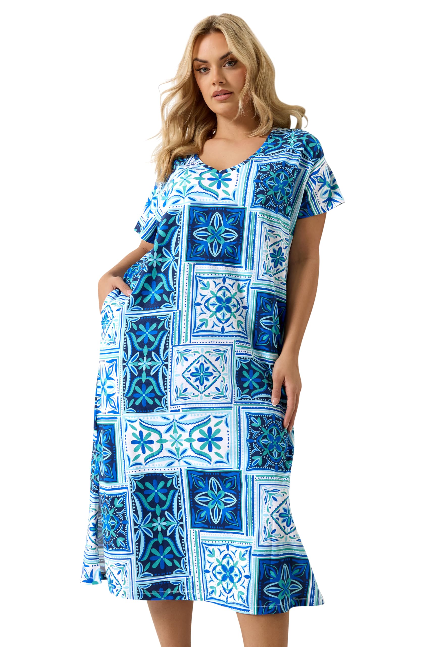 Yours Women's Blue Tile Print Midi Dress In | Size: 22-24