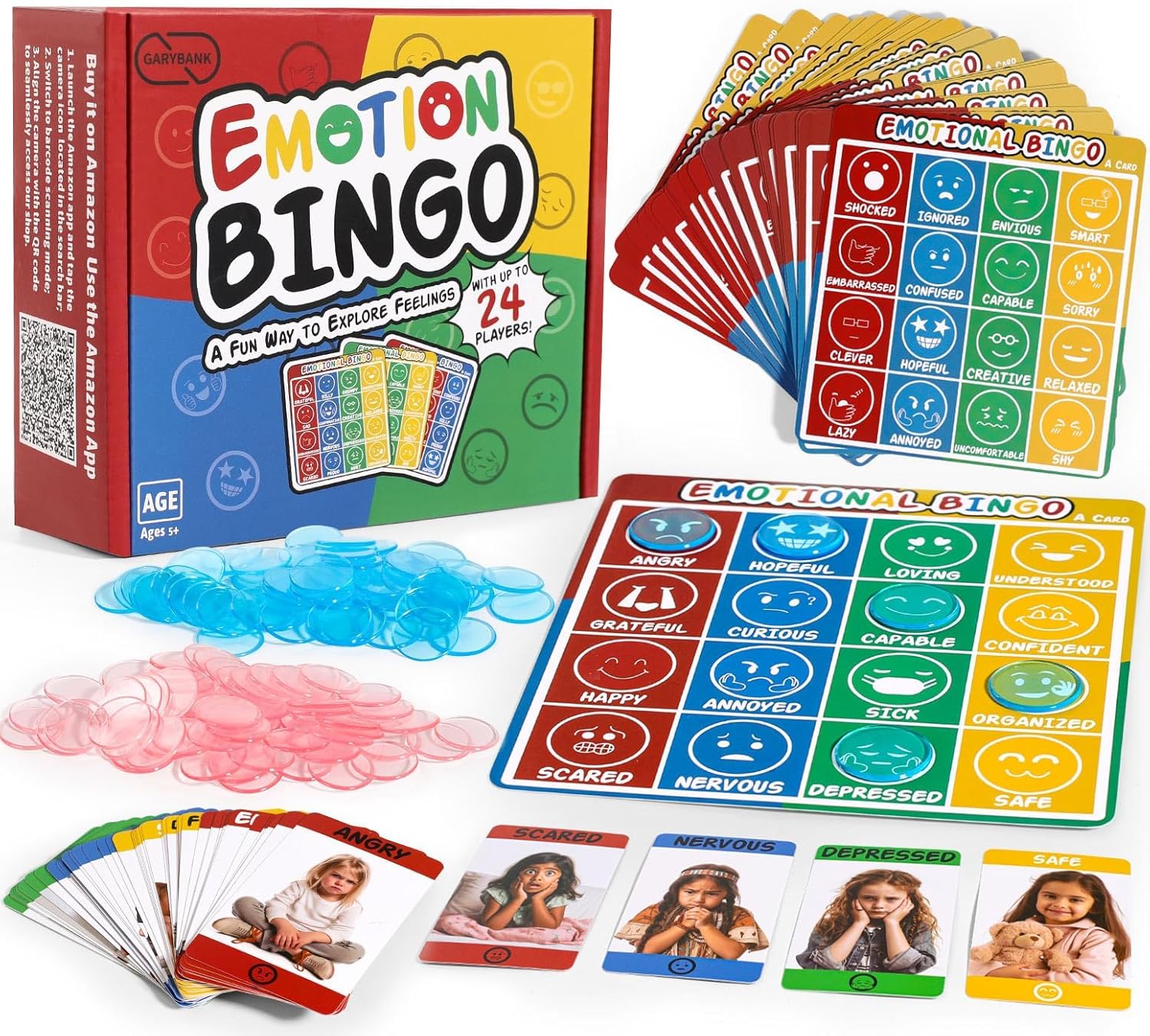Garybank Emotion Bingo Games for Kids, w/ 56 Feelings & 48 Bingo Cards, Social Emotional Learning Activities for Kids, Speech Therapy Materials for Therapists, School Counselors Office Must Haves