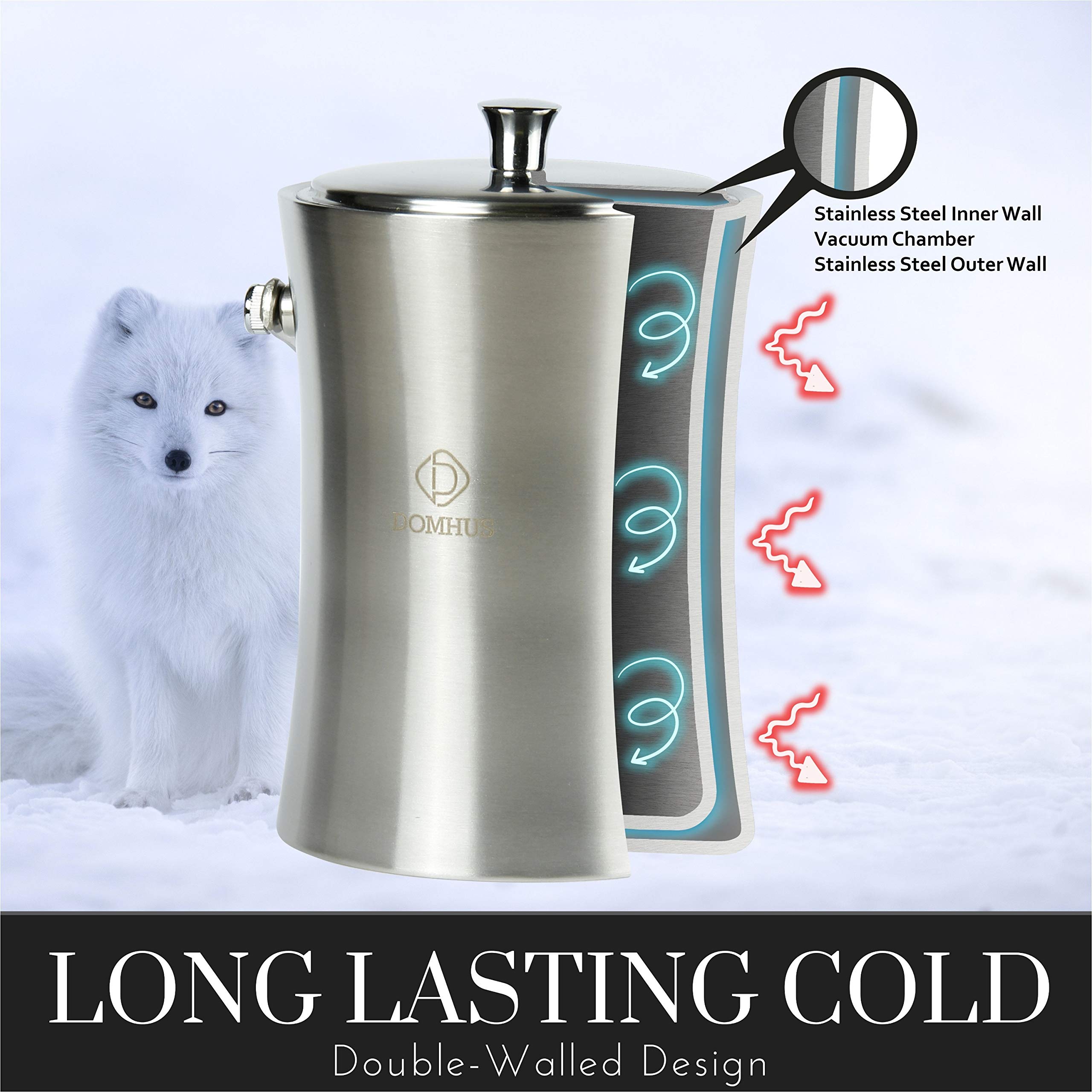 2,0L Premium Eiswürfelbehälter mit Deckel und Zange | Edelstahl Sektkühler Eiseimer Doppelwändiger Isolierter Eisbehälter aus Edelstahl mit Tragegriff | Silber Matt