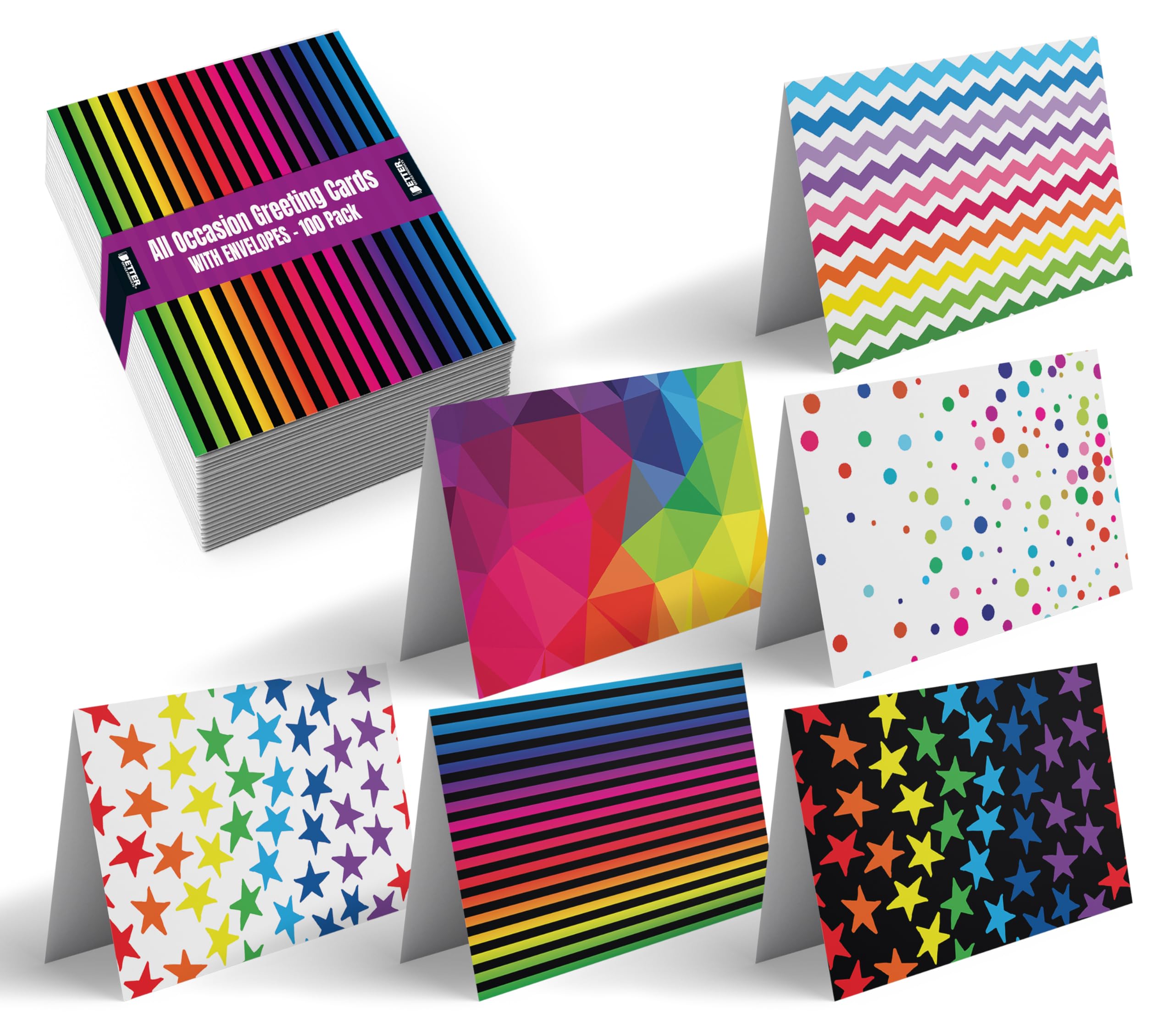 Better Office Products 100-Pack All Occasion Greeting Cards, Assorted Blank Note Cards, 4 x 6 inch, 6 Bright Shape Designs, Blank Inside, with