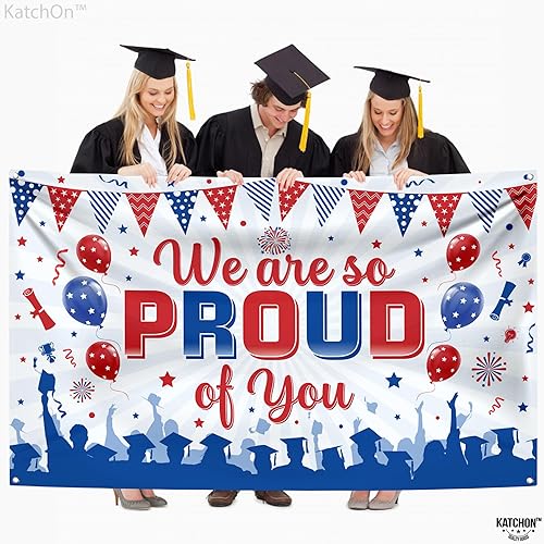 Miniatura 9 de KatchOn, Cartel con texto en inglés "We are So Proud of You", extragrande, 72 x 44 pulgadas, pancarta de felicitaciones rojo y azul, decoraciones de