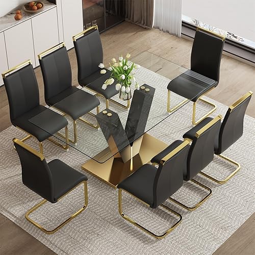 Miniatura 14 de Juego de mesa de comedor de vidrio de 71 pulgadas para 6, juego de mesa de comedor para 6, mesa de cocina moderna y 6 sillas de PU, parte superior