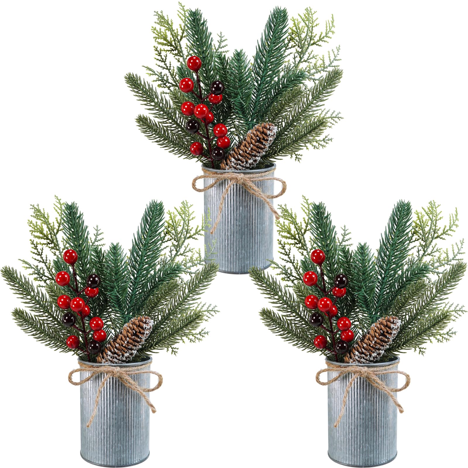 Composition de plantes artificielles de Noël rustiques et verdure givrée pour table festive x3