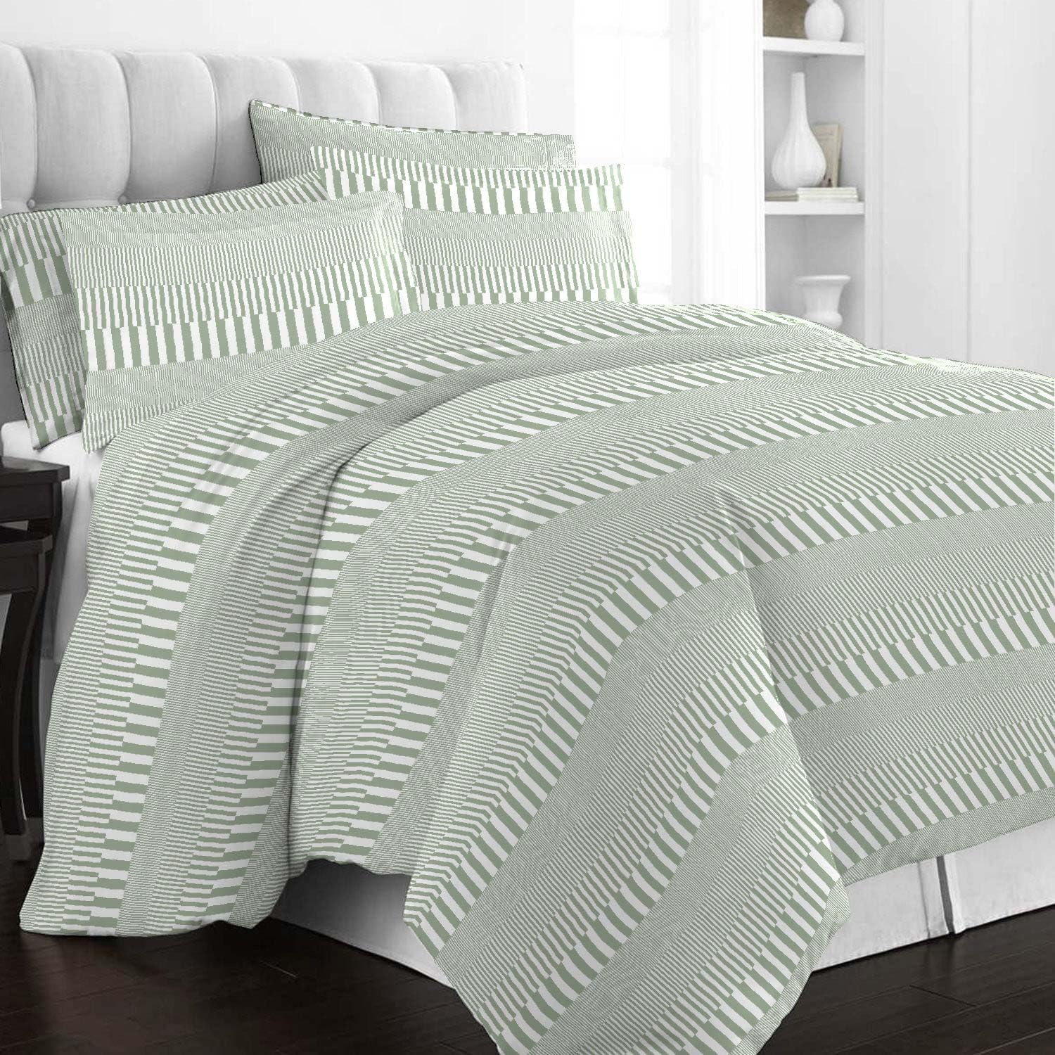 Pizuna Cascade Stripe Green Print Double Duvet Cover Set Cotton 400 Thread Count 100% Long Staple Cotton Printed Duvet Cover 200x200 Sateen Double Duvet Cover with Button Closure (Quilt Cover Double)