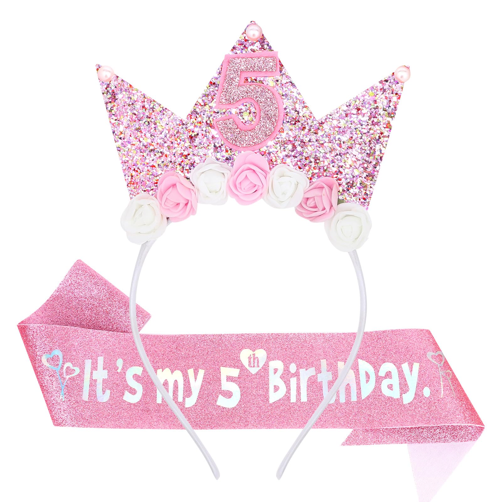 Casoty Pink 5th Birthday Sash and Crown Set, 5th Birthday Decorations, 5th Birthday Headband, 5th Birthday Party Decorations, Pink Birthday Gifts for Girl