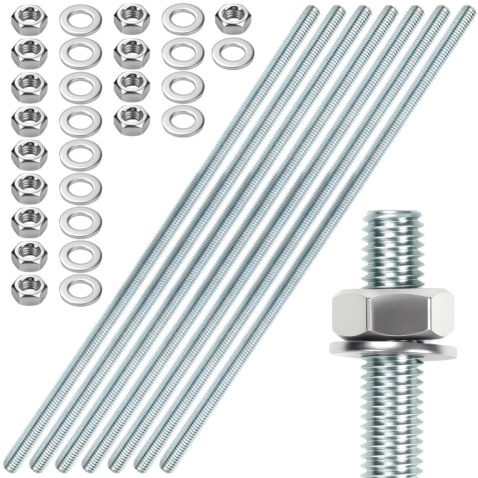 sturiz 7pcs Threaded Rod M6x300mm Bolts and Nuts Threaded Bar Galvanised Steel Threaded Pins for Anchor Bolts Screws with Nuts and Washers