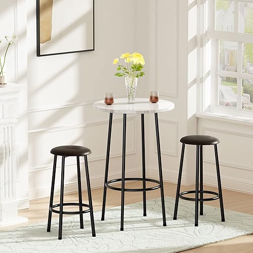Miniatura 4 de MIERES 3 piezas de comedor altura de encimera de cocina juego de mesa de bar moderno con parte superior de mármol sintético y 2 taburetes rincón de