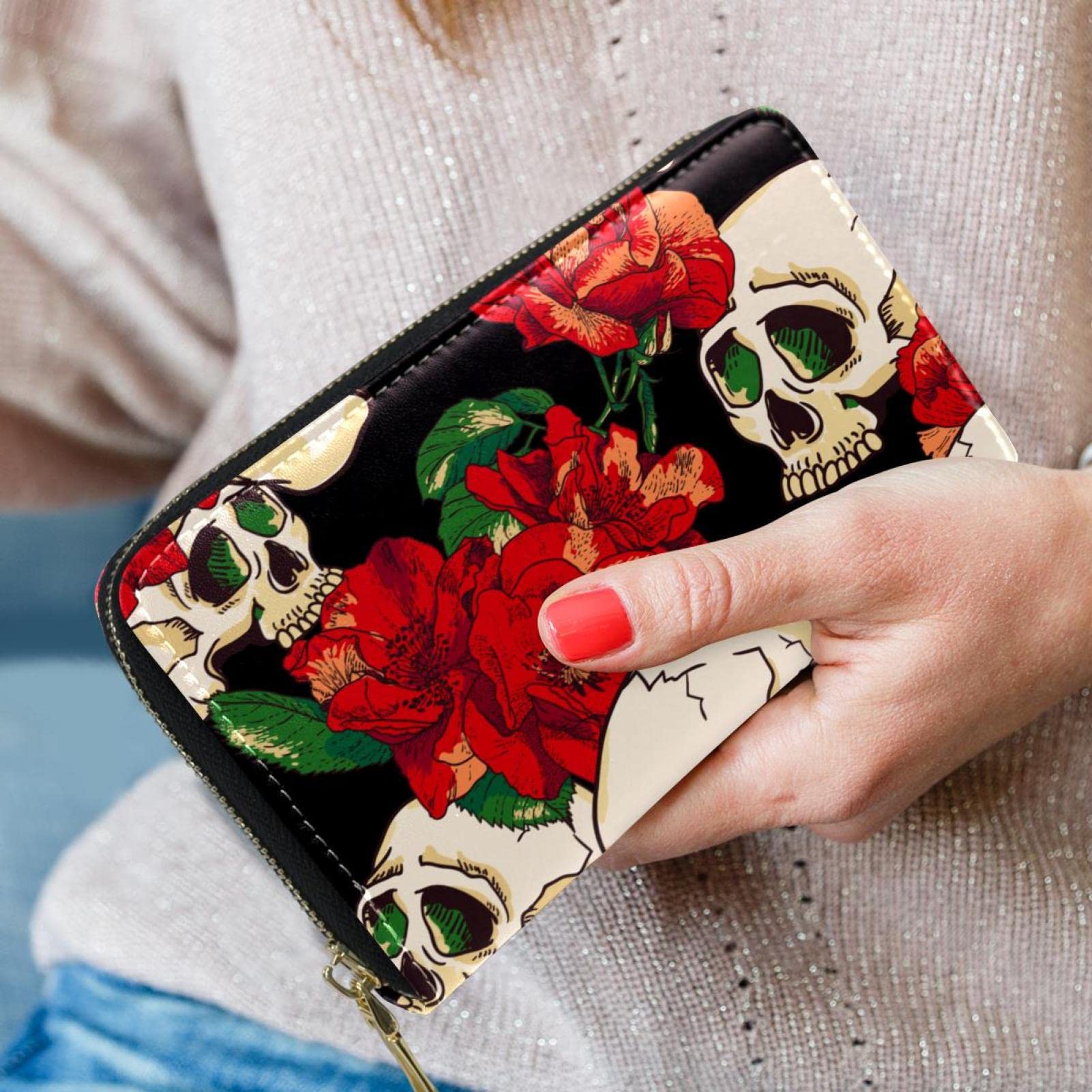 Cartera larga de piel con cierre de calavera con patrón de flores, Varios colores, 20.5x2.5x11.5cm/8.07x1x4.53 in, Classic