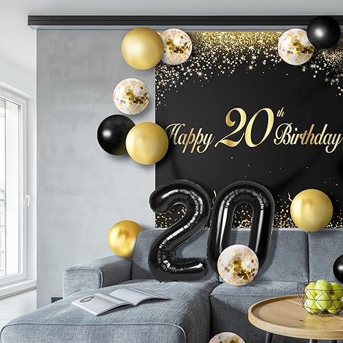 Miniatura 5 de Juego de globos negros de feliz 20 cumpleaños  Saludos a los 20 años de edad temática de fiesta temática guirnalda pancarta decoración telón de
