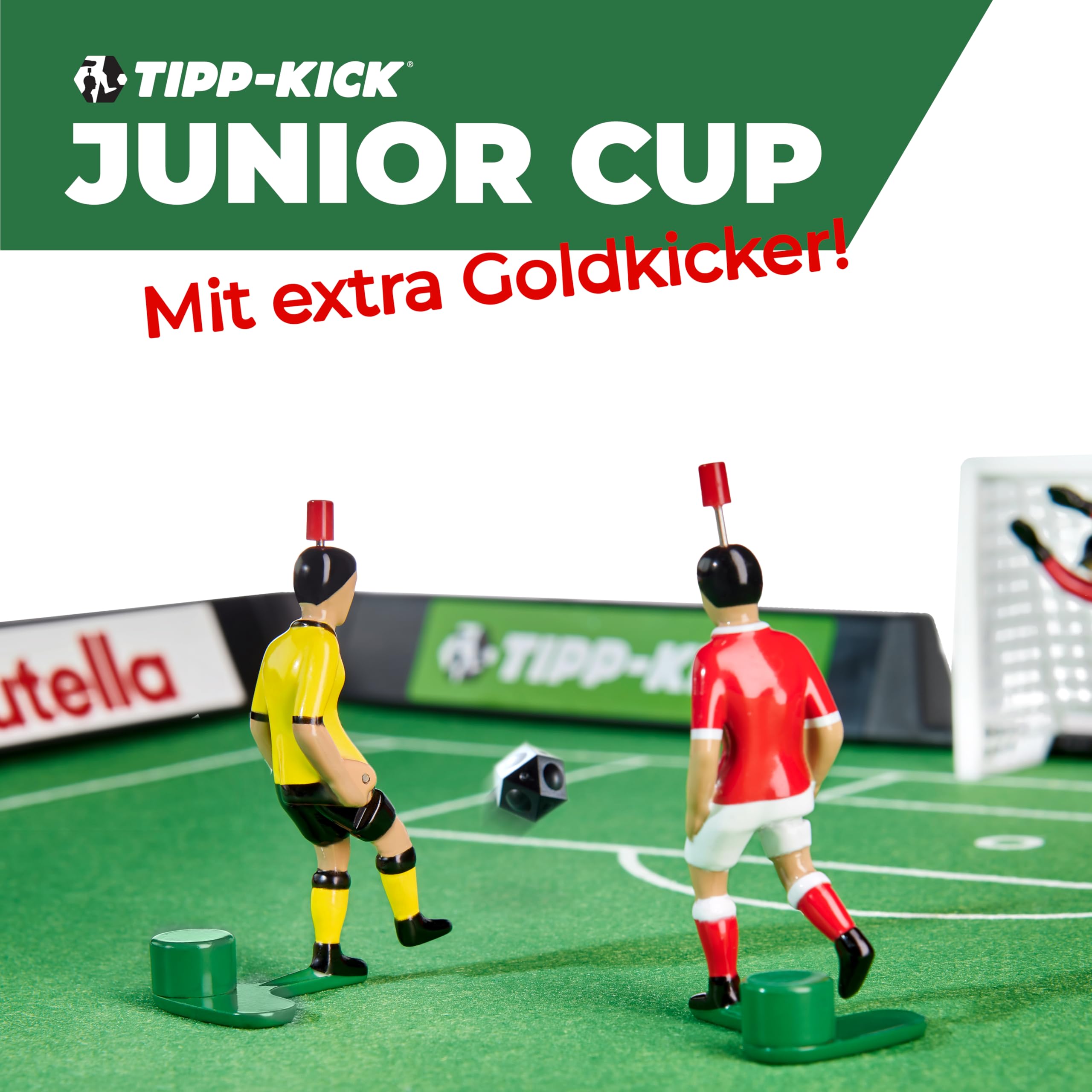 TIPP-KICK Jeu Junior Cup avec baby-foot supplémentaire – Kit de football de table prêt à jouer avec 1 kicker doré supplémentaire, 2 attaquants peints à la main et figurines de gardien de but Toni