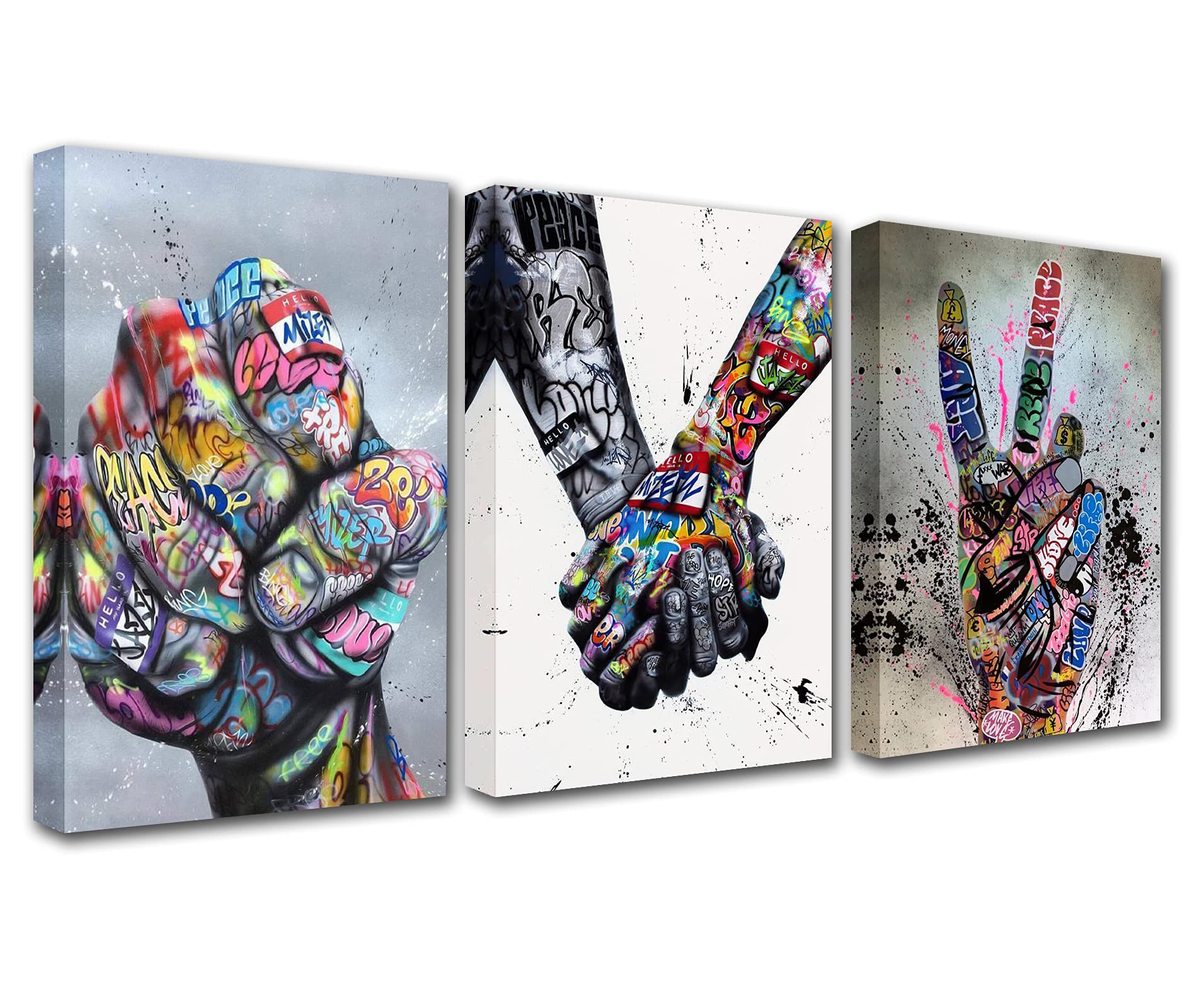 Banksy Hand Street Graffiti Paintings Fingers and Fists Pictures Abstract Pop Poster 3 Pieces Prints on Canvas Holding Hands Artwork Bedroom Norse Home Dedcor Framed Ready to Hang Gift(48''Wx 24''H)