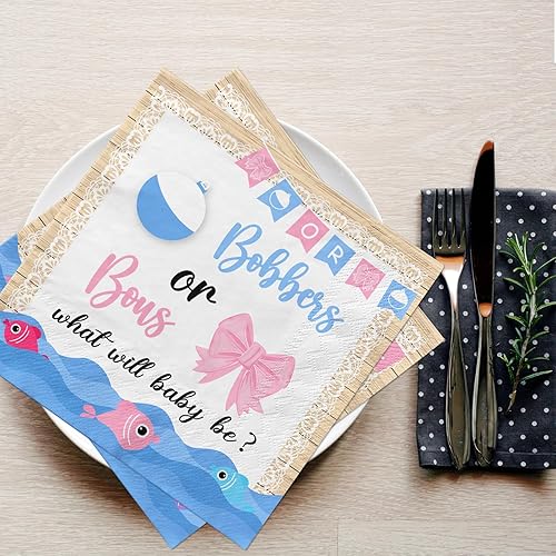 Miniatura 5 de Decoración de fiesta de revelación de género, 40 servilletas o lazos, servilletas de papel de pesca, decoración de mesa para niño o niña, decoración