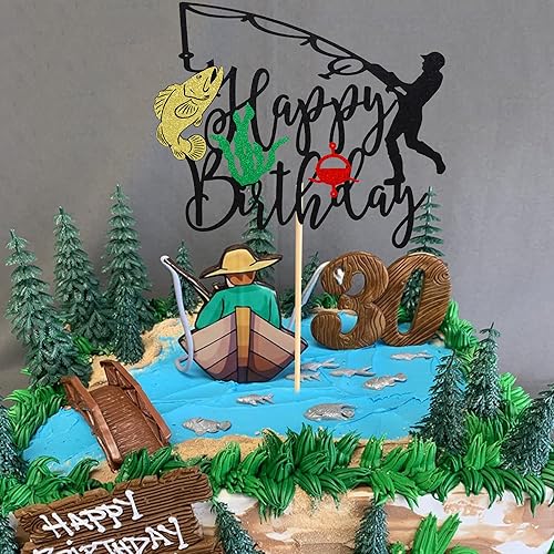 Miniatura 3 de Decoración para tartas de pesca, decoración de fiesta de cumpleaños de pescador, decoración de pasteles temáticos de pesca al aire libre,