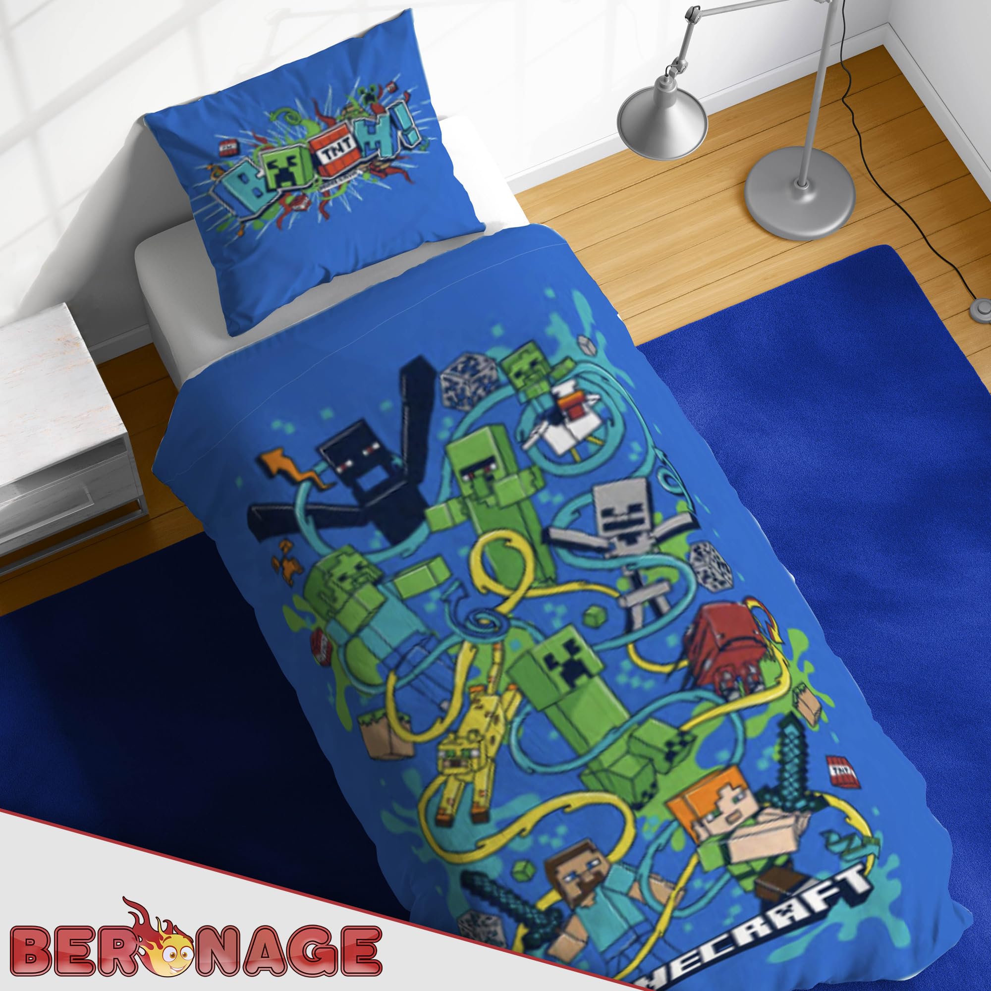 Minecraft Bettwäsche Slurp/Blast 135x200 cm + 80x80 cm 100% Baumwolle Biber Flanell Wendemotiv weich warm Winter Kinderbettwäsche Creeper Steve Alex YKK Reißverschluss Geschenk