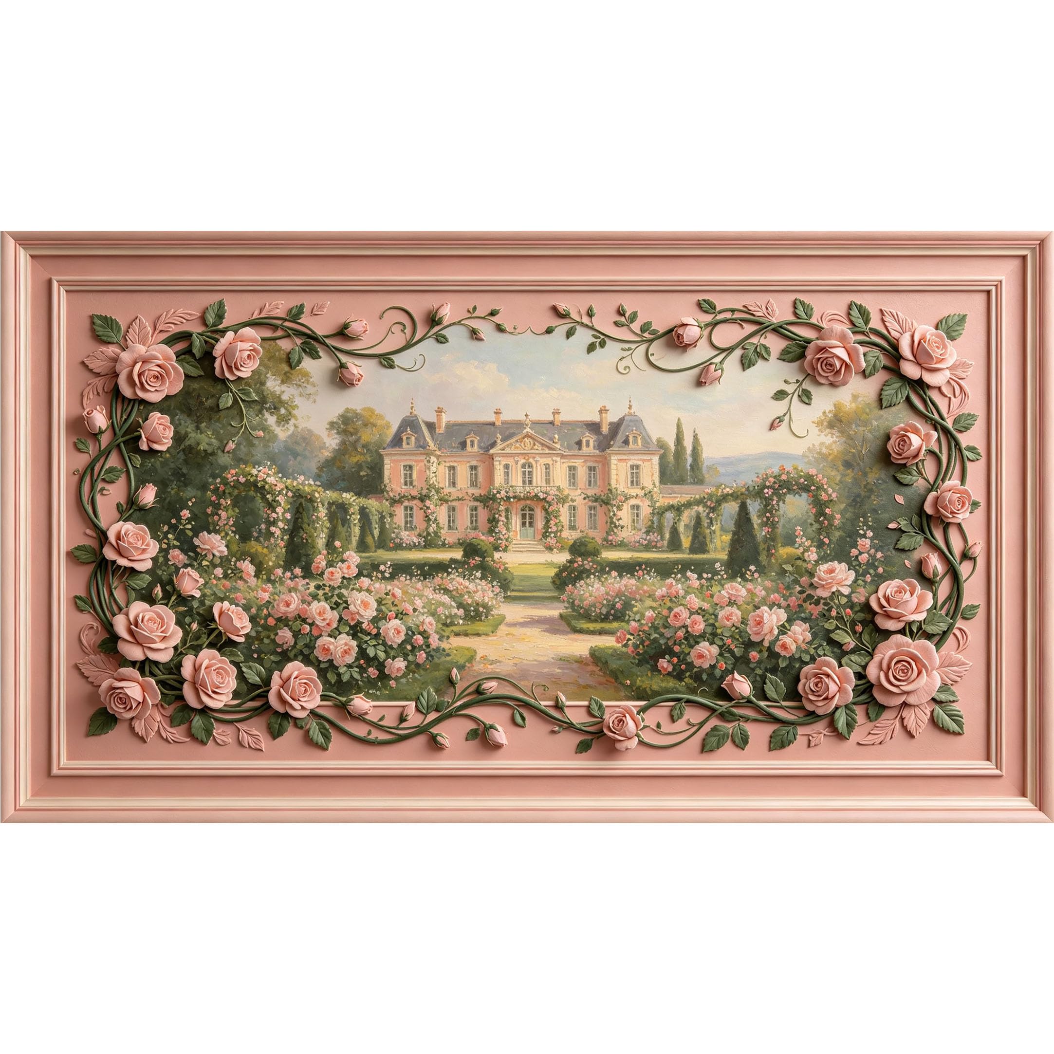 QZLITHOTIC 50×90cm3D Framed Wall Art， Neoclassical Pink Rose Palace Self?Adhesive Mural， Water?Activated Peel & Stick Fabric Decor Wall Decal for Bedroom Living Room