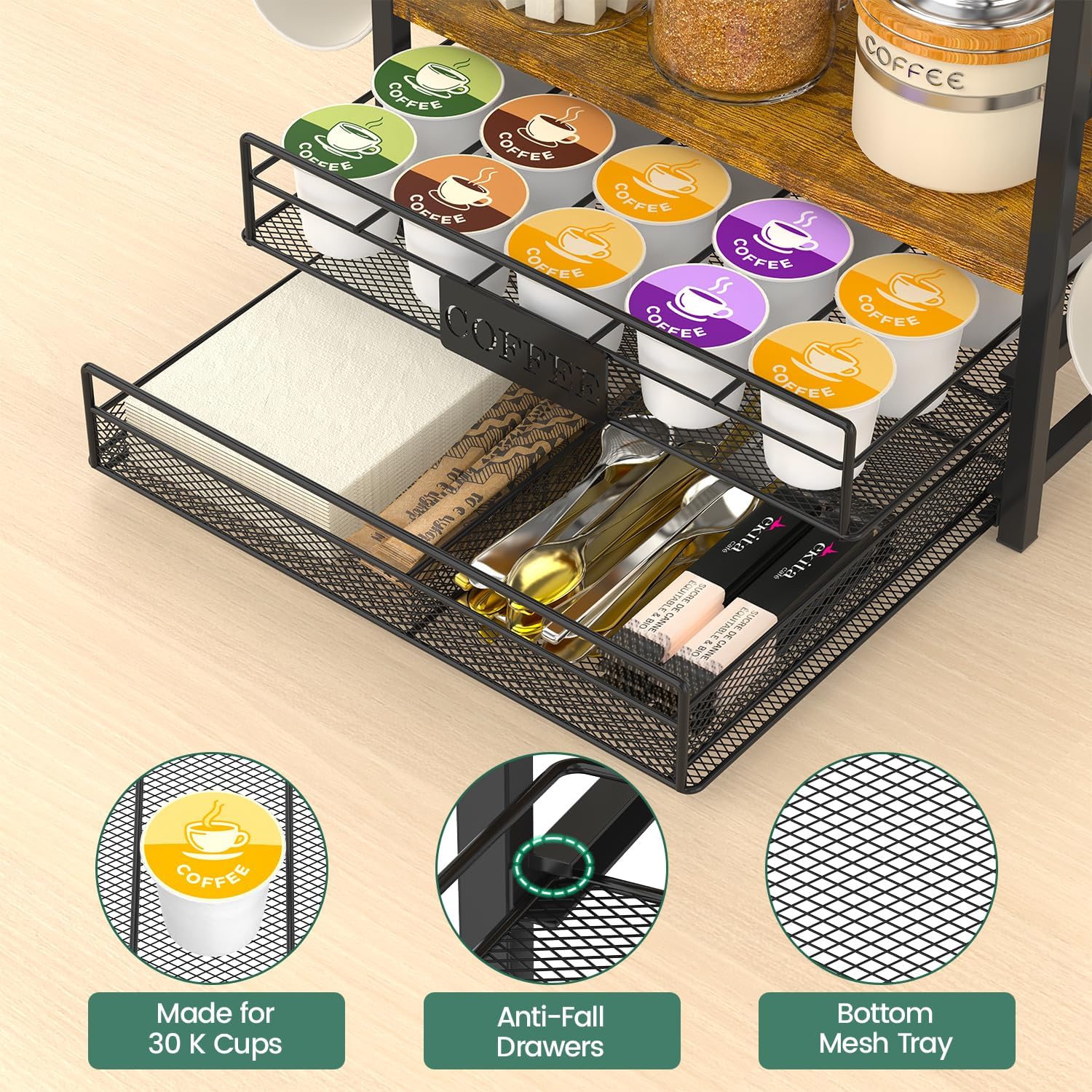 EsLuker.ly Coffee Bar Organizer Station Shelf Mug Holder for Countertop, 4 Tier Mug Holder Stand with 12 Hooks, K Cup Pod Drawer