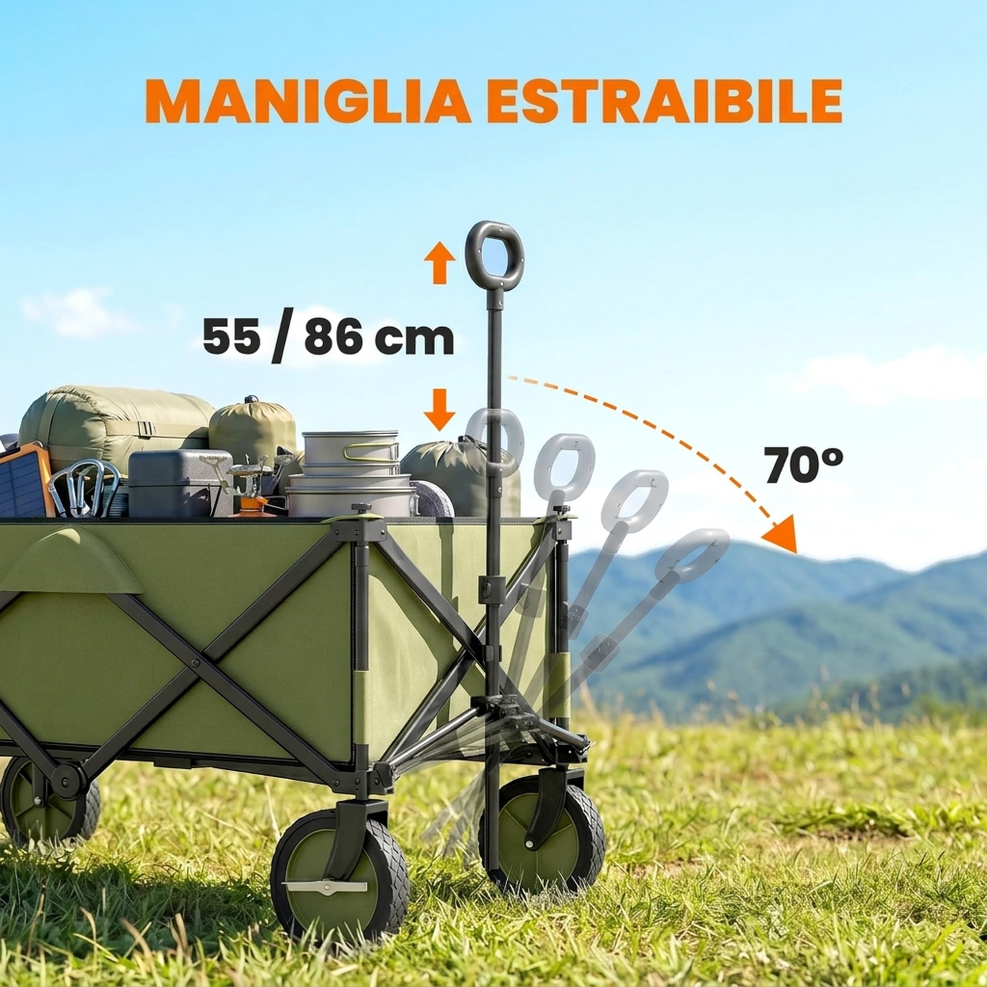 Outsunny Carrello da Giardino Pieghevole 125L 108x55x93 cm Verde | in Acciaio e Tessuto Oxford con Maniglia Retrattile e 5 Sacche