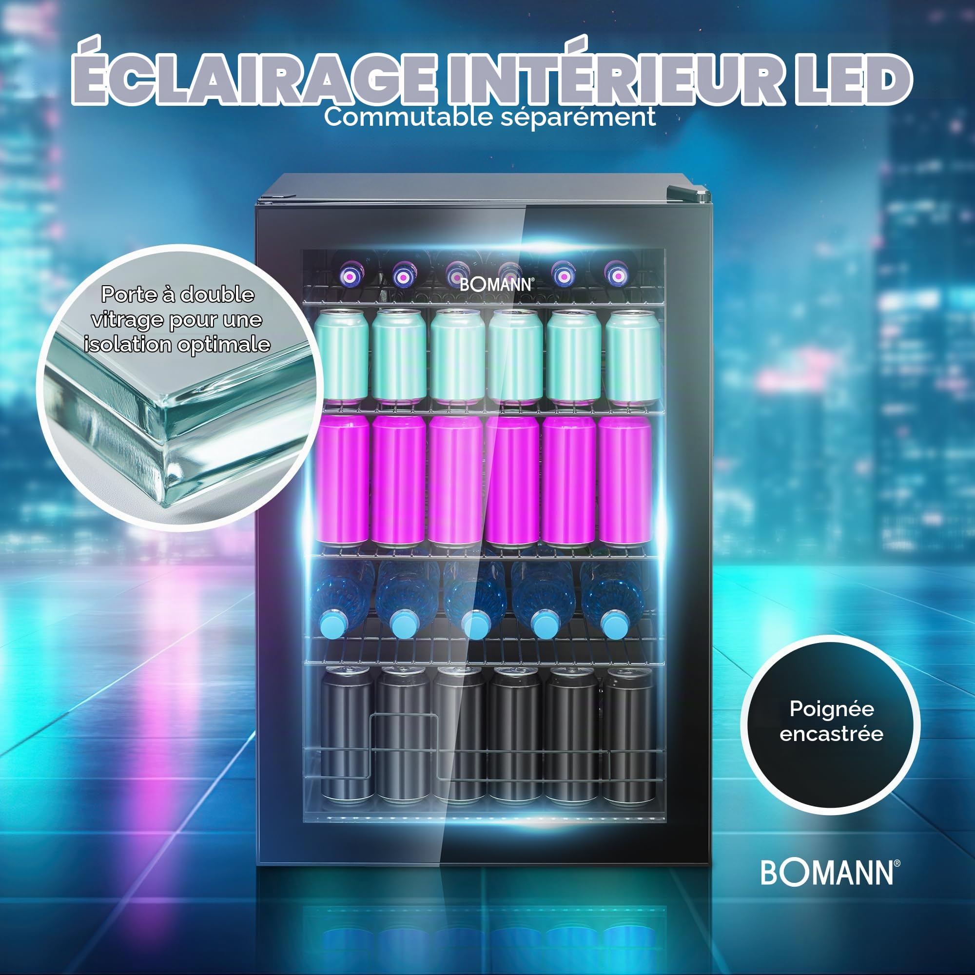 Bomann Réfrigérateur à Boissons 115 L KSG 7290, Éclairage LED, Noir | éclairage LED, contrôle +3 à +18 °C, 4 étagères câblées, porte double vitrage, sodas et bières