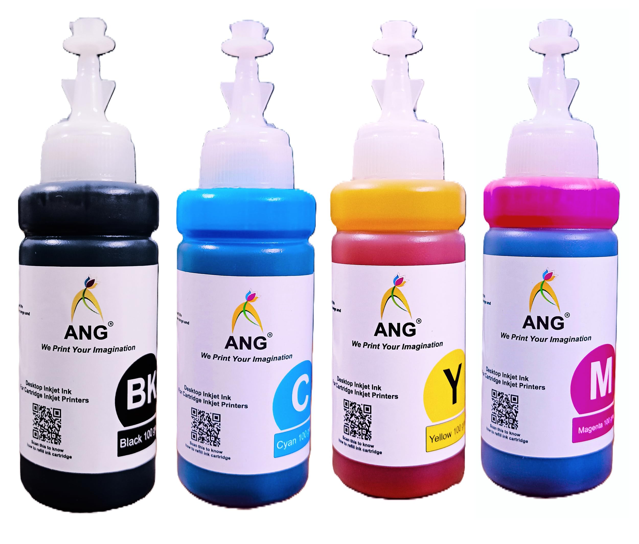 ANG Universal Ink Refill Compatible with All Inkjet Printers for Vibrant Printing 100g Each x 4 CMYK Bottles + 4 Syringe