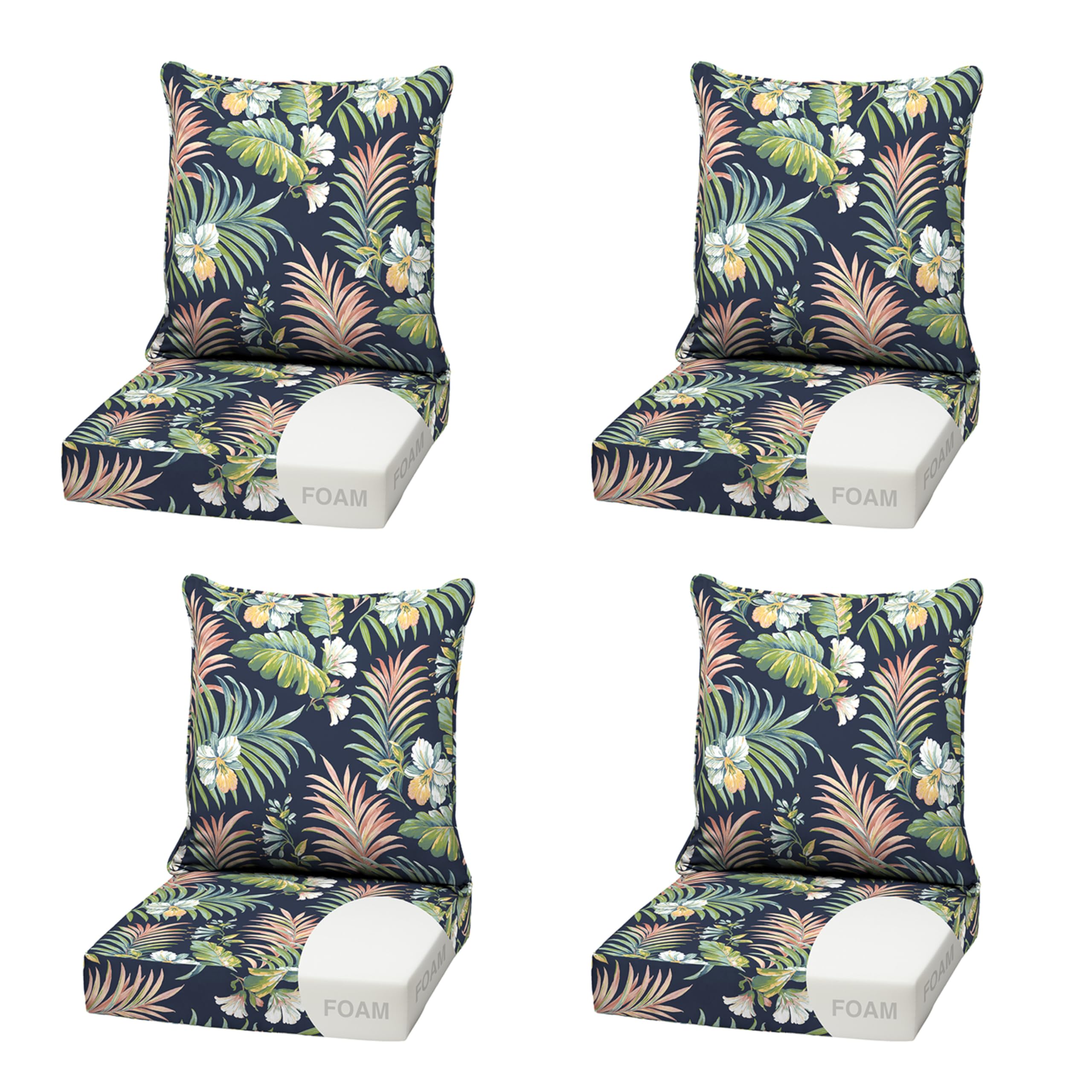 Arden Outdoor Deep Seat Cushion Set, Foam, 4-Pack, 22x24, Blue Tropical