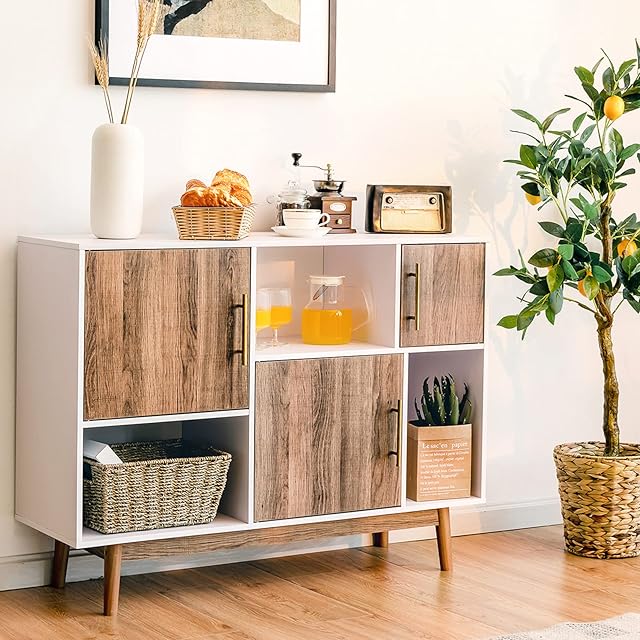 COSTWAY Wooden Storage Cabinet, Floor Standing Bookcase Sideboard with Doors and Open Shelves, Home Bedroom Living Room Hallway Display Organiser Unit Cupboard (White + Brown, 102 x 33 x 76cm)