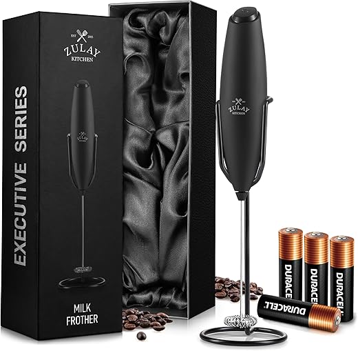 Zulay Original Milk Frother Handheld Foam Maker for Lattes - Whisk Drink Mixer for Coffee, Mini Foamer for Cappuccino, Frappe, Matcha, Hot Chocolate by Milk Boss (Executive Black)