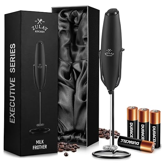 Zulay Original Milk Frother Handheld Foam Maker for Lattes - Whisk Drink Mixer for Coffee, Mini Foamer for Cappuccino, Frappe, Matcha, Hot Chocolate by Milk Boss (Executive Black)