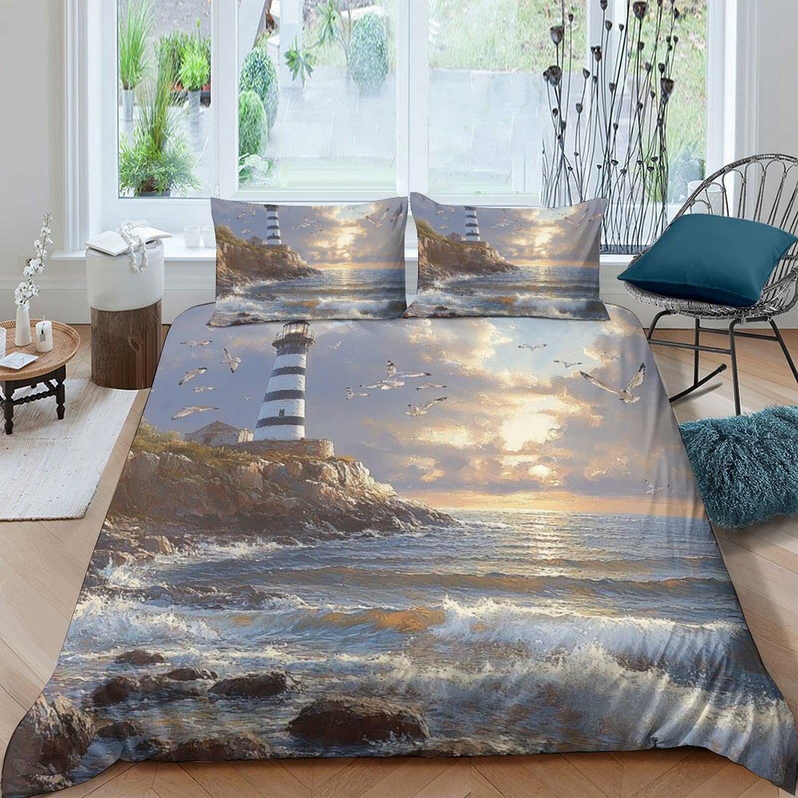 Ctjqhvkz Style-4 3D Printed Lighthouse Sunset Fitted Sheet Microfiber Anti-Slip Ocean Wave Mattress Cover For Bedroom Guest Room Decor Single（135X200cm）