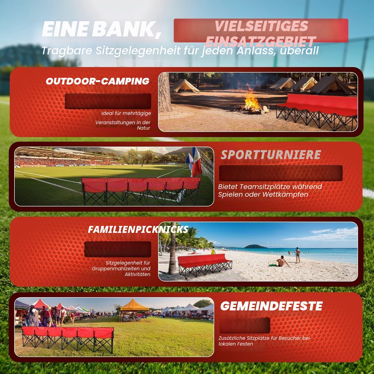 Flexzion Tragbare klappbare Sitzbank, 6‑Sitzer, zusammenklappbare Fußball-Bank, tragbare Sitzbank für Tribünen, Camping, Spielfeldrand, mit Rückenlehne und Tragetasche, Rot