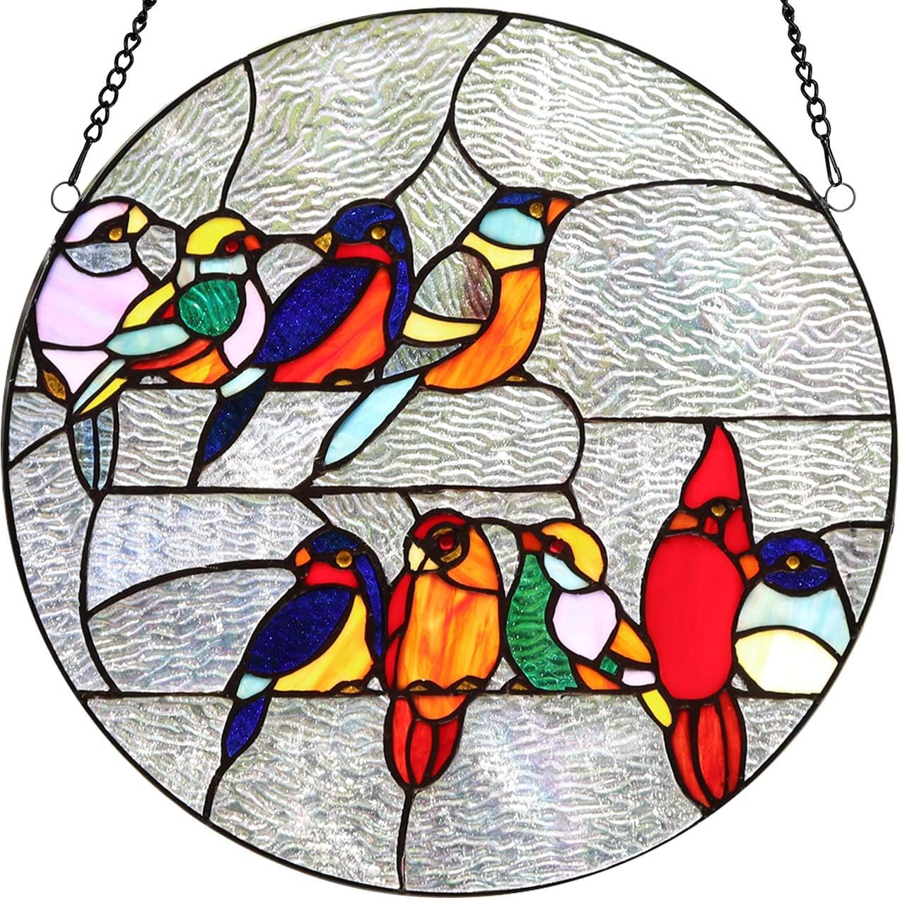 Bieye W10051 Tropical Birds Tiffany Style Stained Glass Window Panel for Home Decoration, Round Shape, 16-inch Wide