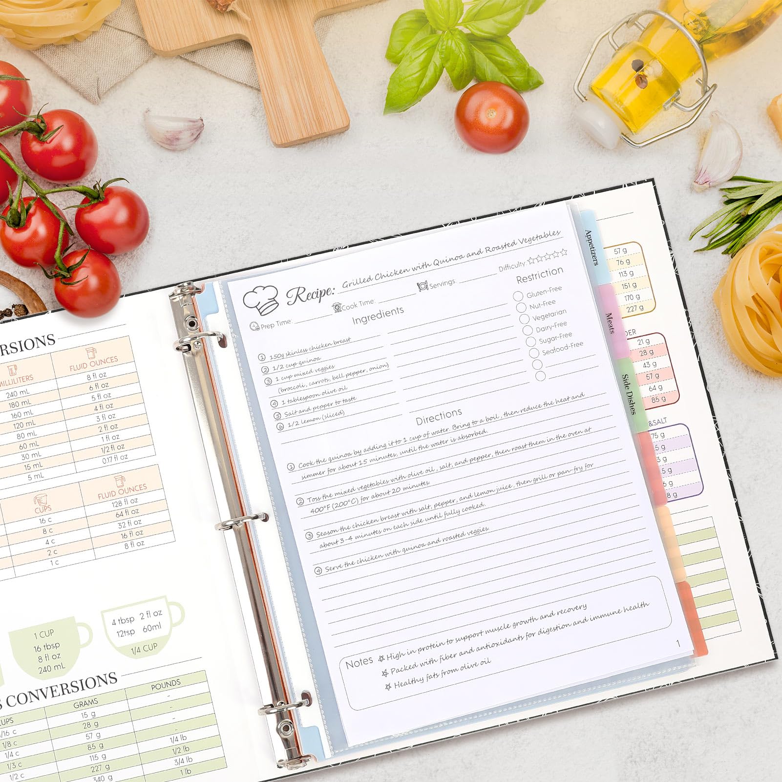 Raccoglitore per ricette con maniche in plastica, 21 x 28 cm, libro di ricette da scrivere nelle proprie ricette, biglietti di ricette vuoti e 12 divisori