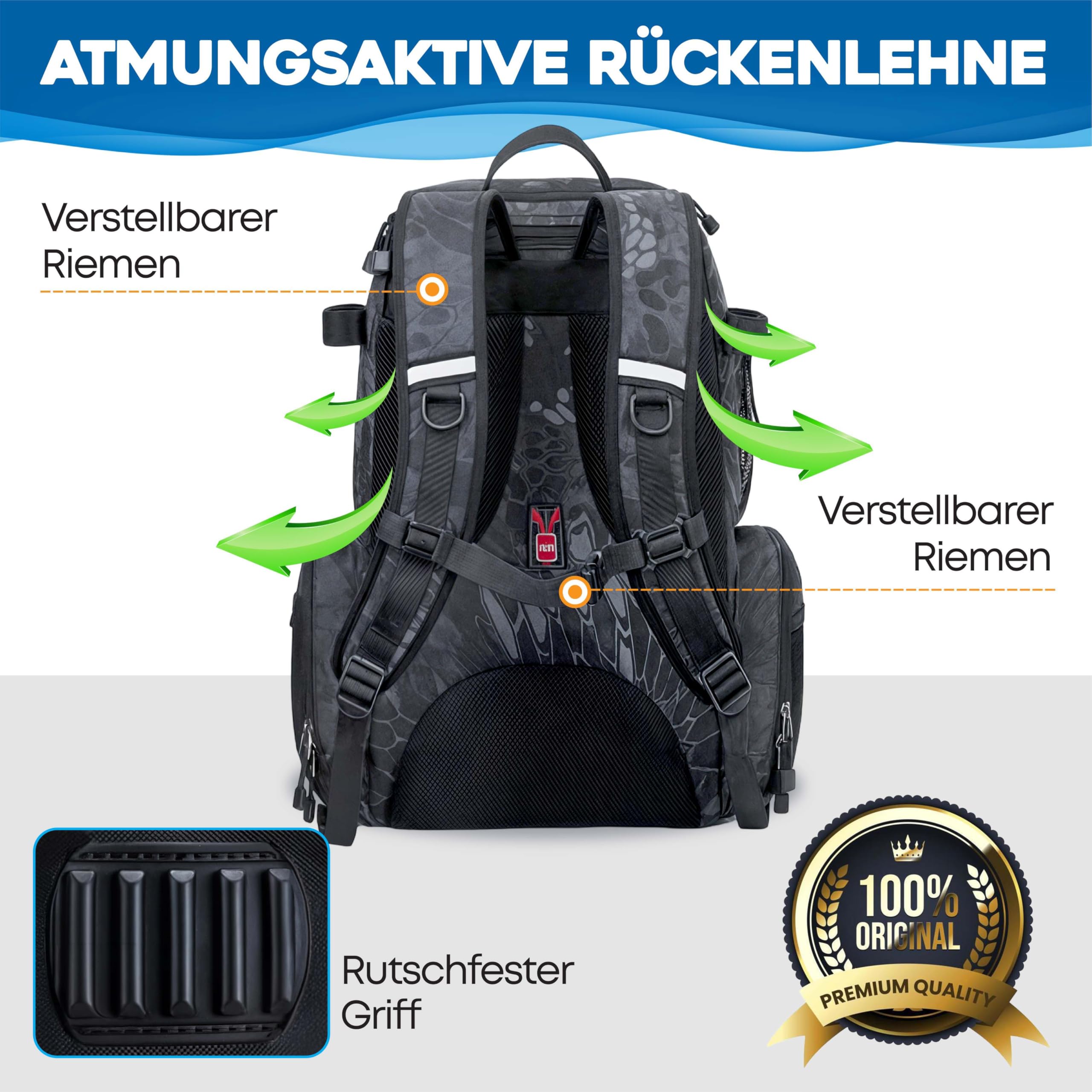 Angelrucksack mit Inklusive Boxen – Gerätekoffer mit Fächern – Ideal für Brandungsangeln, Karpfenangeln und Spinnfischen – Wasserabweisende Angeltasche mit Großer Kapazität