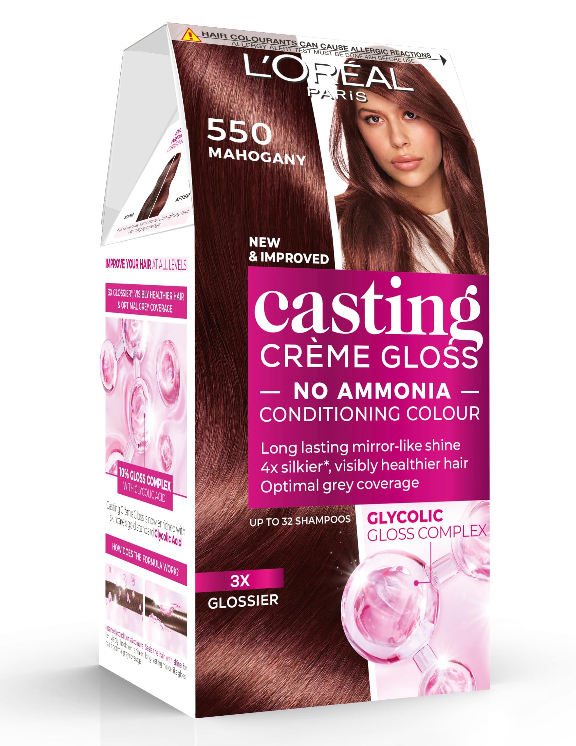 L’Oréal Paris Ammonia Free Semi-Permanent Hair Dye, 550 Mahogany, Glossy Hair Colour, Natural Looking Finish, For up to 28 Shampoos, Casting Crème Gloss, 1 Application (Packaging may vary)