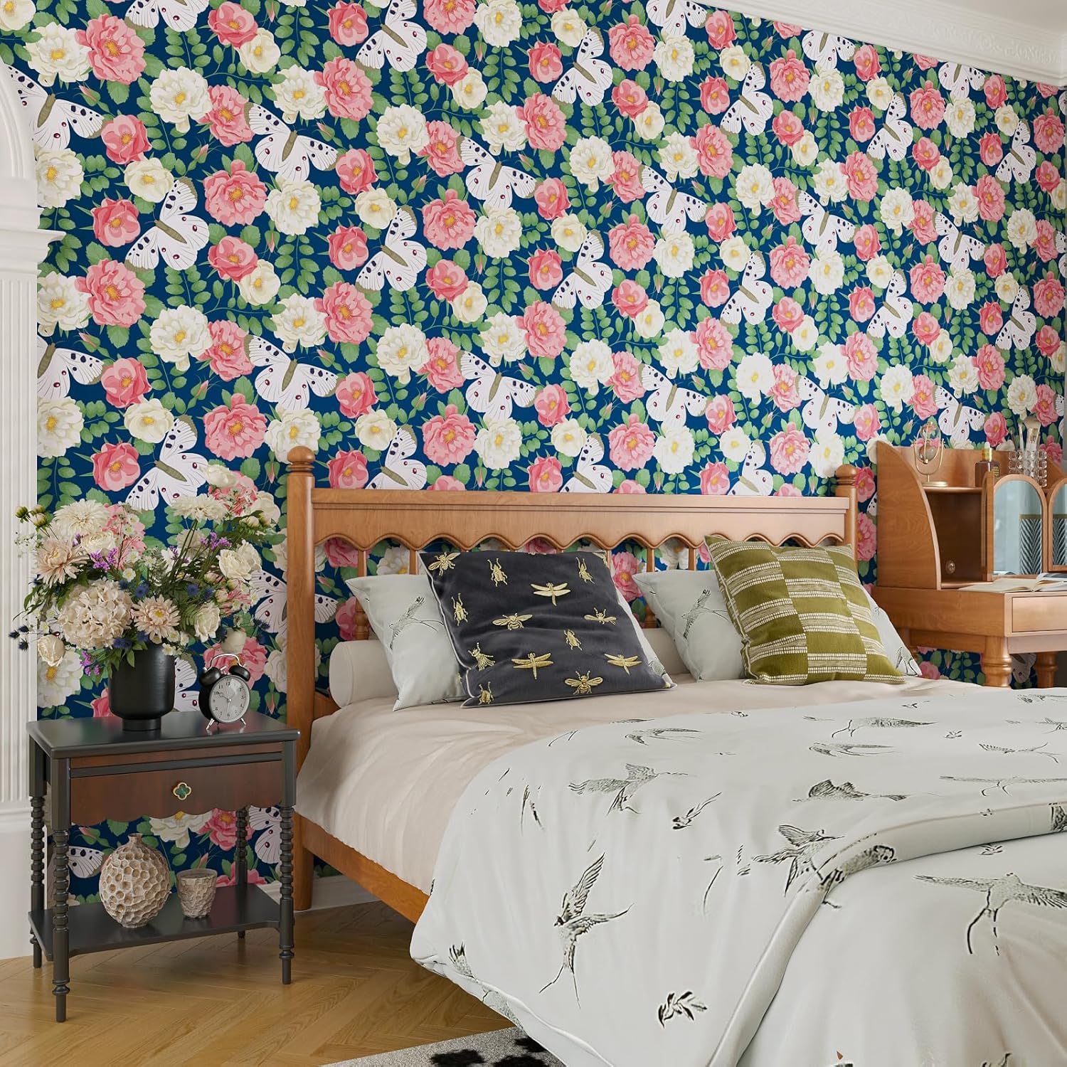 CHIHUT 17.7”x100” Floral and Butterfly Wallpaper Stick and Peel Navy Blue with Blush Pink White Rose Butterfly Contact Paper Waterproof Removable Self Adhesive Wallpaper for Kids Bedroom Nursery