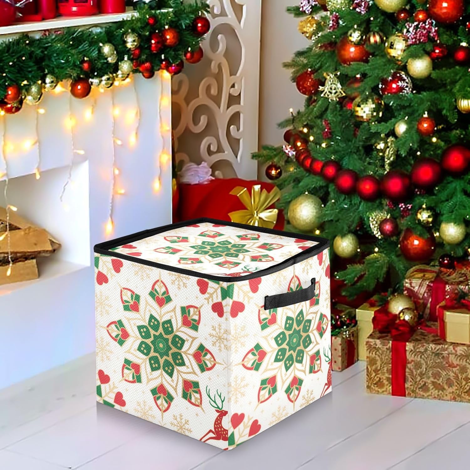 High Capacity Christmas ornament storage Holds Up to 64, Zippered Top sturdy Holiday Storage Case with Lid,Merry Christmas Geometric Snowflake Red and Gold