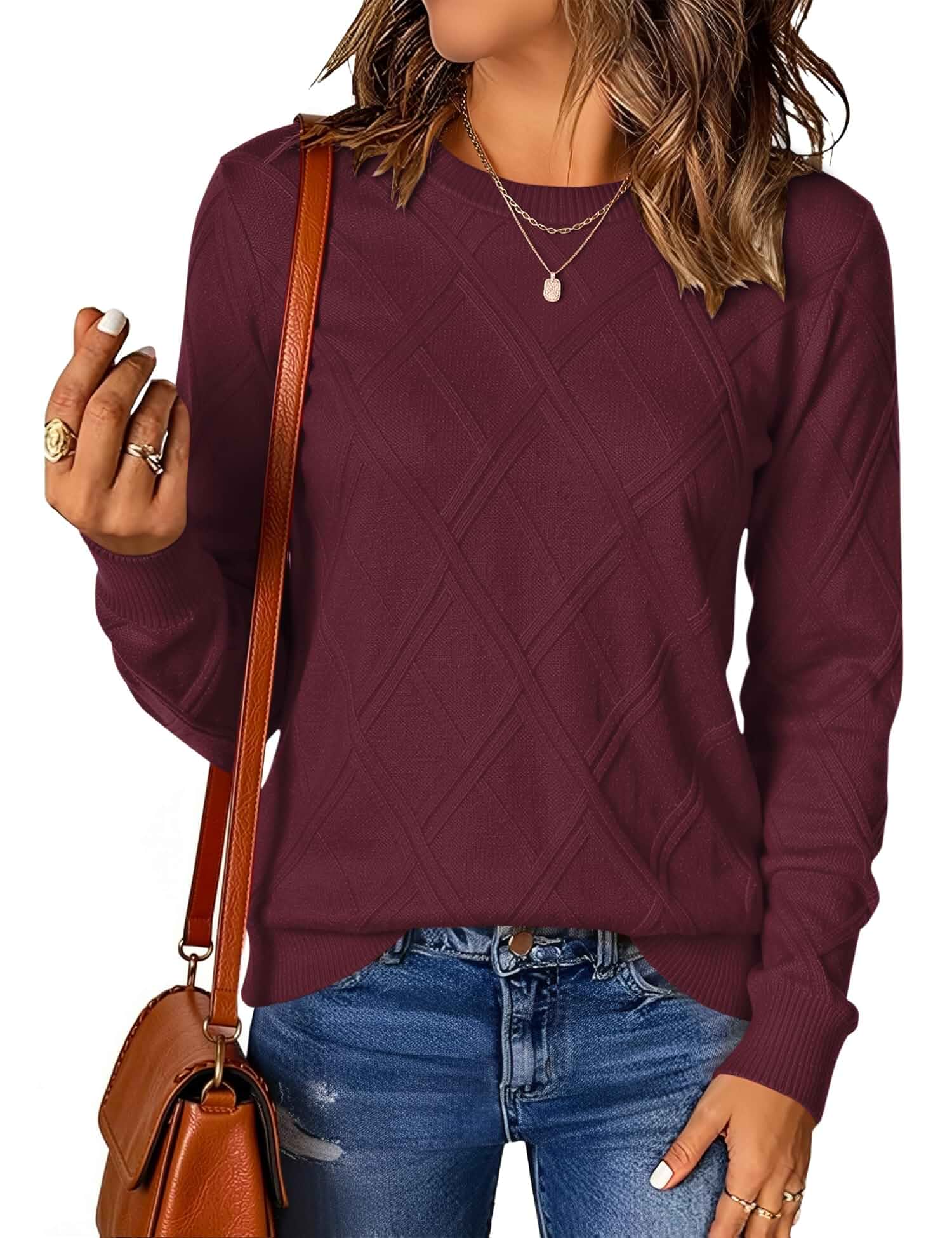 LOMON Women's Cable Knit Sweater Long Sleeve Crew Neck Fall Tops Business Casual Outfits, Soft Comfy Lightweigt Fabric, Knitted Texture Pattern, Travel Vacation Clothes, Fall Winter Trendy