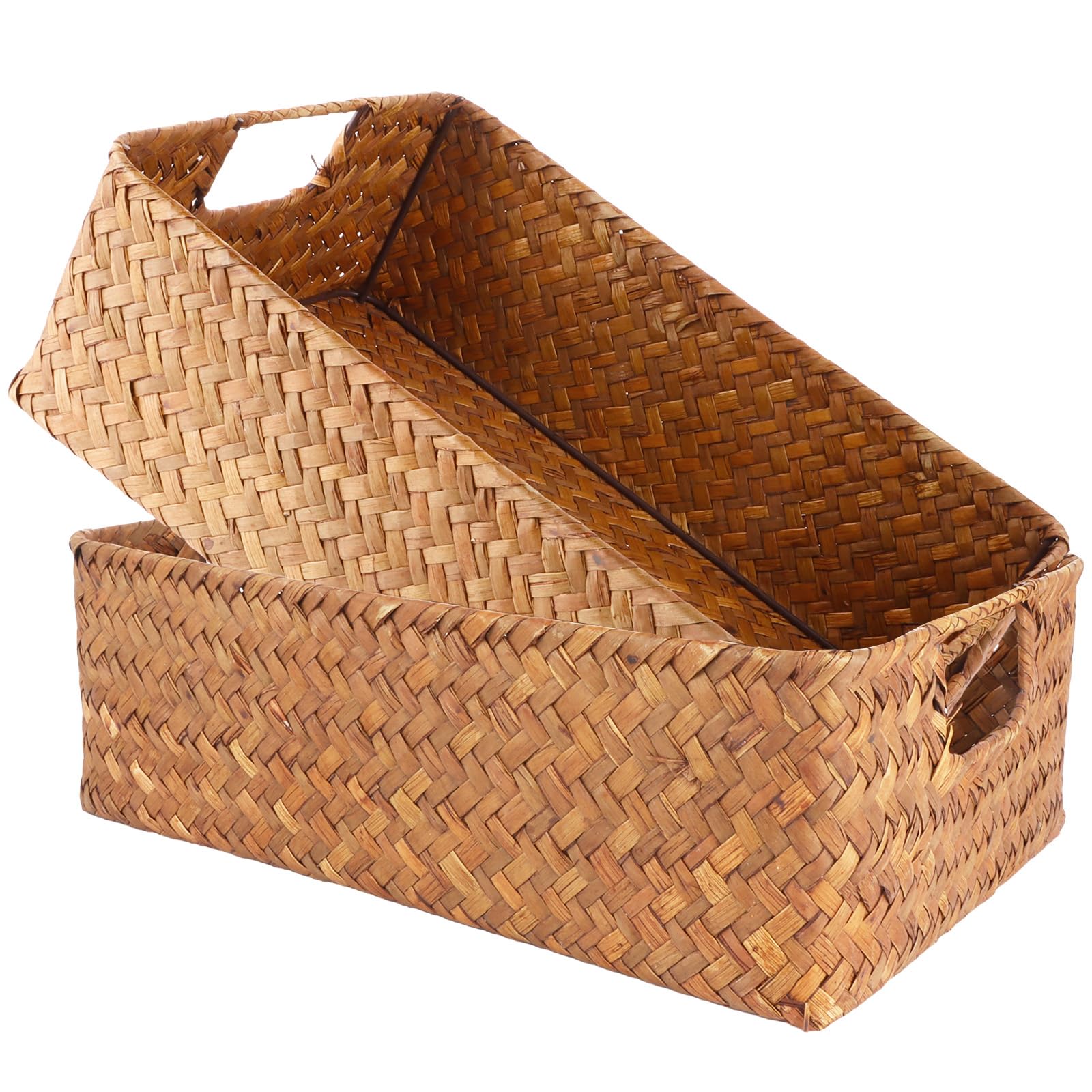 ZOFUN 2 Pcs Woven Baskets, 34 x 23 x 11 cm Woven Storage Basket with Handle, Hand Woven Seagrass Storage Baskets with Iron Frame, Rectangular Seagrass Basket for Shelves, Home Organization