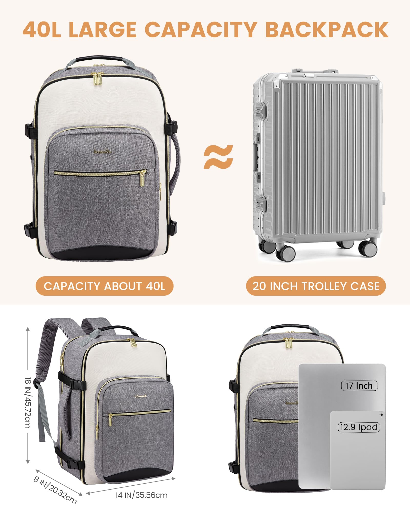 LOVEVOOK Zaino da Viaggio Grande Zaino Ryanair Easyjet 40 Litri Valigia Bagalio a Mano 45X36X20 Zaino Donna Uomo Zaino Impermeabile Zaino Porta PC 17 Pollici Travel Backpack per Lavoro Scuola Aereo