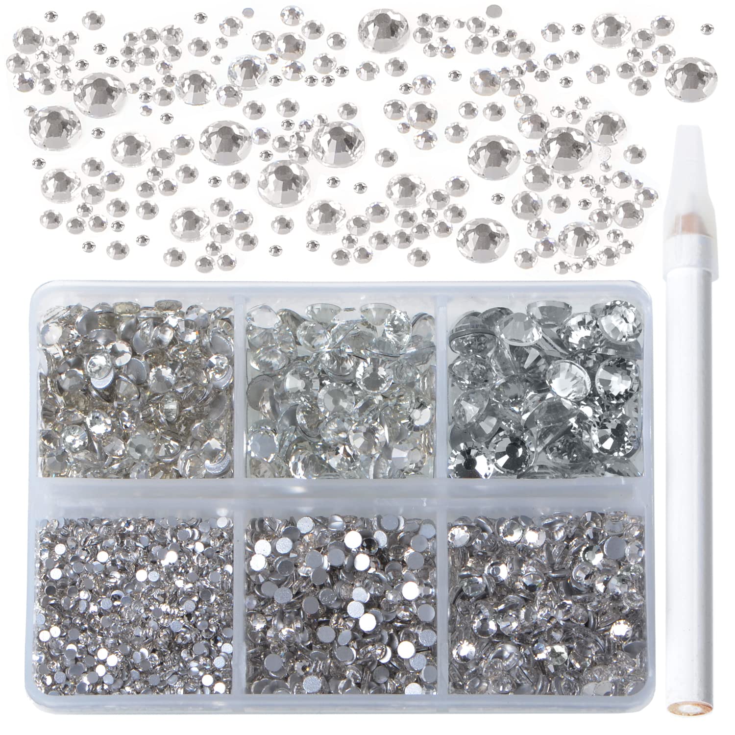 Bymitel 5000 Pieces 6 Mixed Sizes Glue Fix on Glass Rhinestones Round Crystal Gems Flatback for DIY Jewelry Making with one Picking Pen(6-Sizes 5000PCS, Clear Crystal)