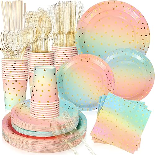 Juego de 400 platos de papel desechables de arcoíris con lunares dorados, platos de postre, vasos, servilletas, pajitas, tenedores, cuchillos,