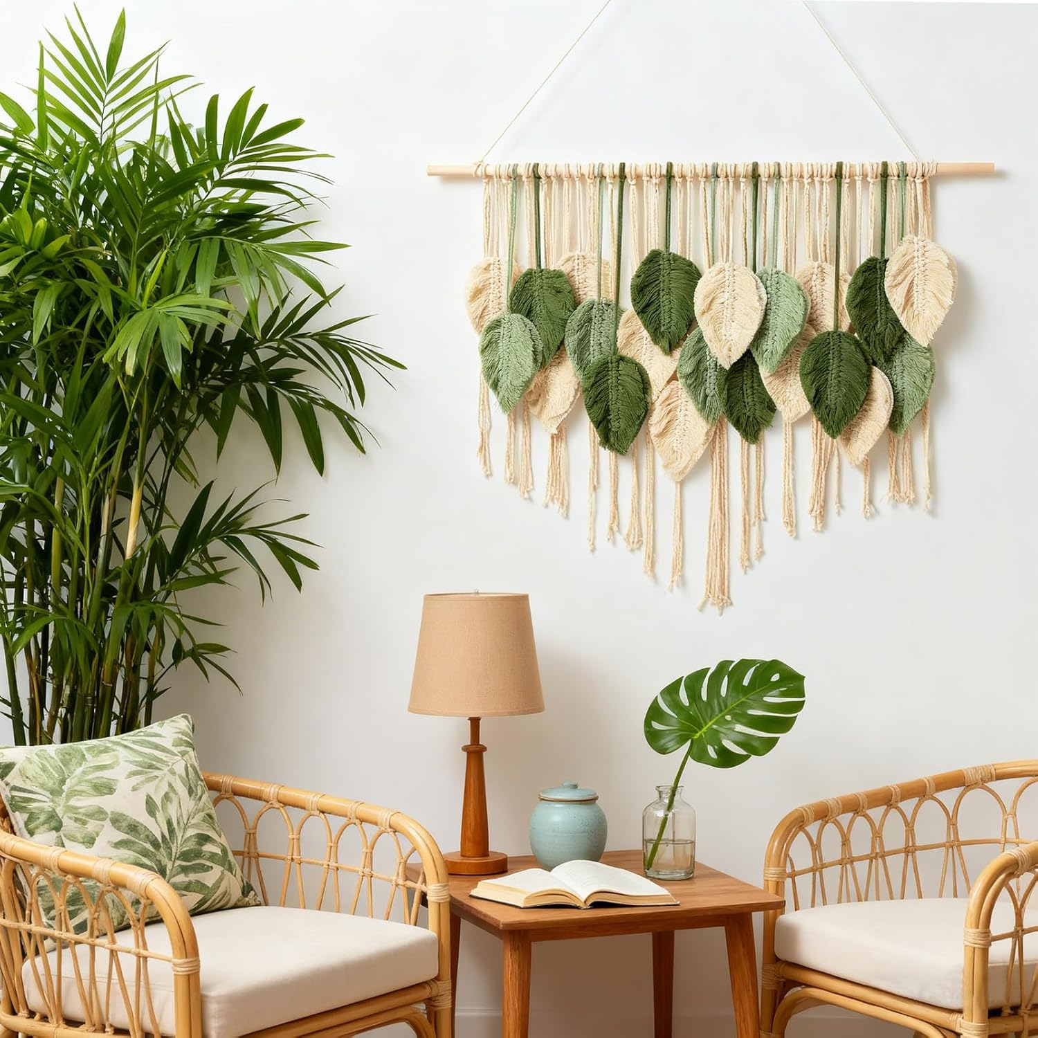 Macrame Wall Hanging Boho Wall Tapestry Handmade Woven Leaf Wall Decor Crochet Wall Art for Home Office Apartment (Green, 39.4" W x 31.5" L)