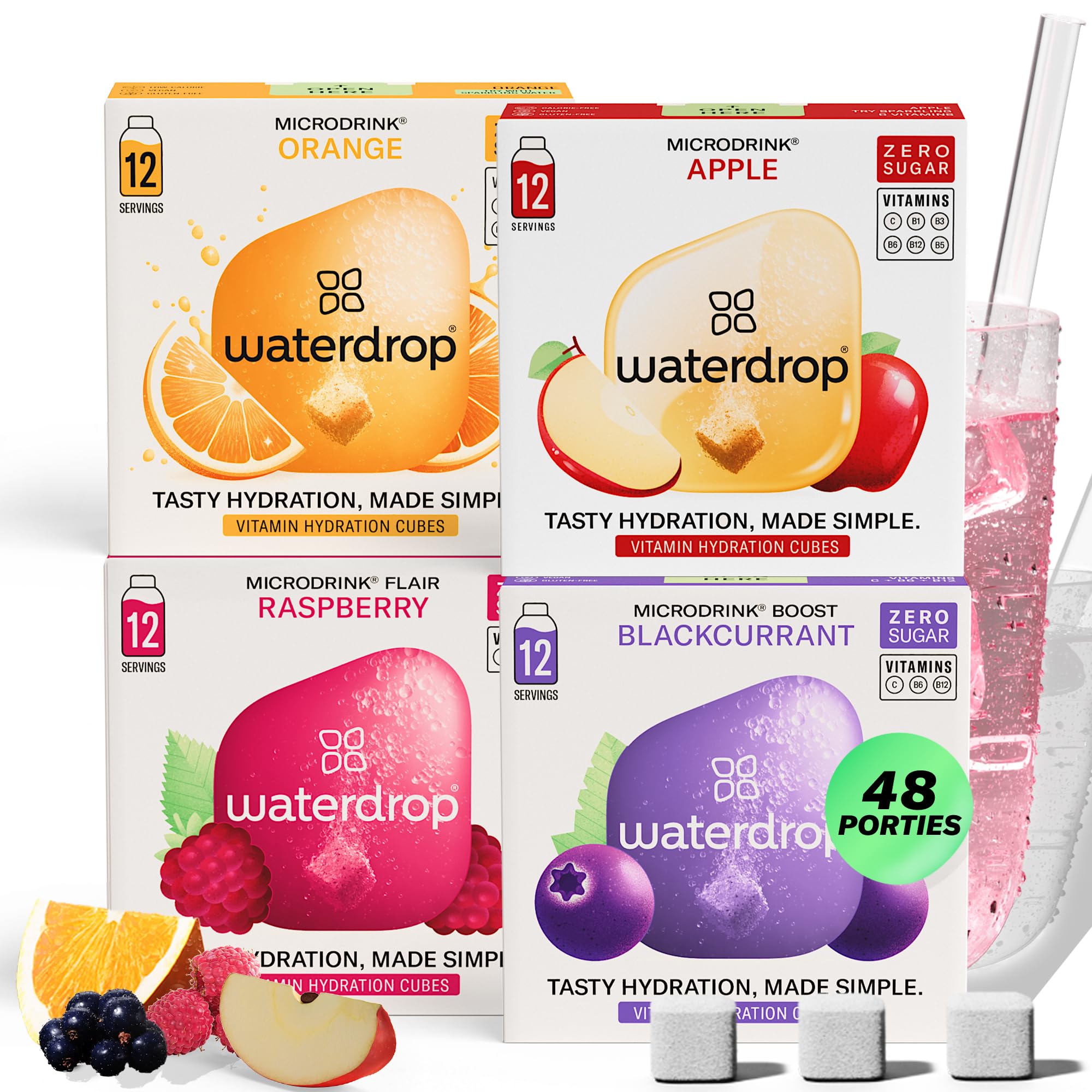 waterdrop Microdrink Bestseller set – 48 hydration cubes for fruit flavoured water - Apple, Orange, Raspberry & Cassis – Without sugar, with vitamin B+C and vegan - Microdrink Set