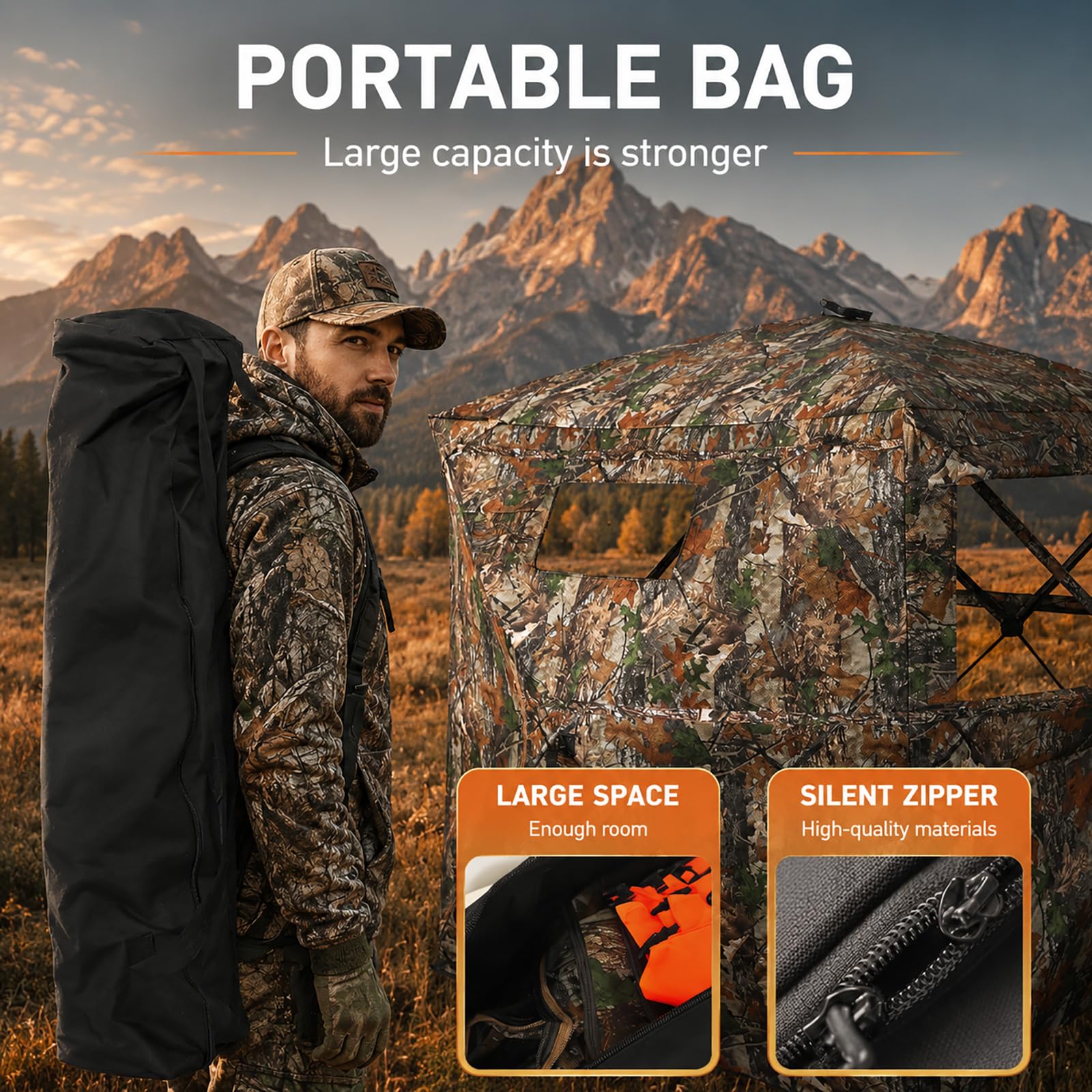 FUNHORUN Persiana de caza de 360 grados, transparente, doble puerta, para caza, 2/3 personas, portátil, camuflaje, ciervos/pavos, con paneles de seguridad naranja
